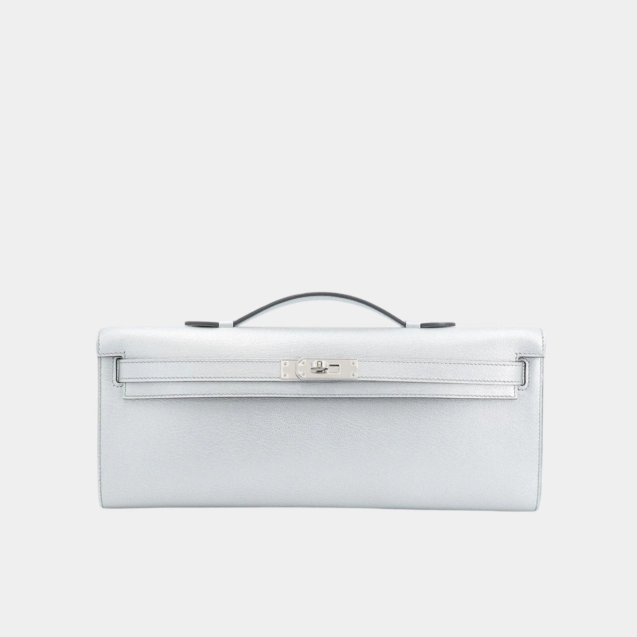 Hermes Kelly Cut Clutch Chevre Argent PHW