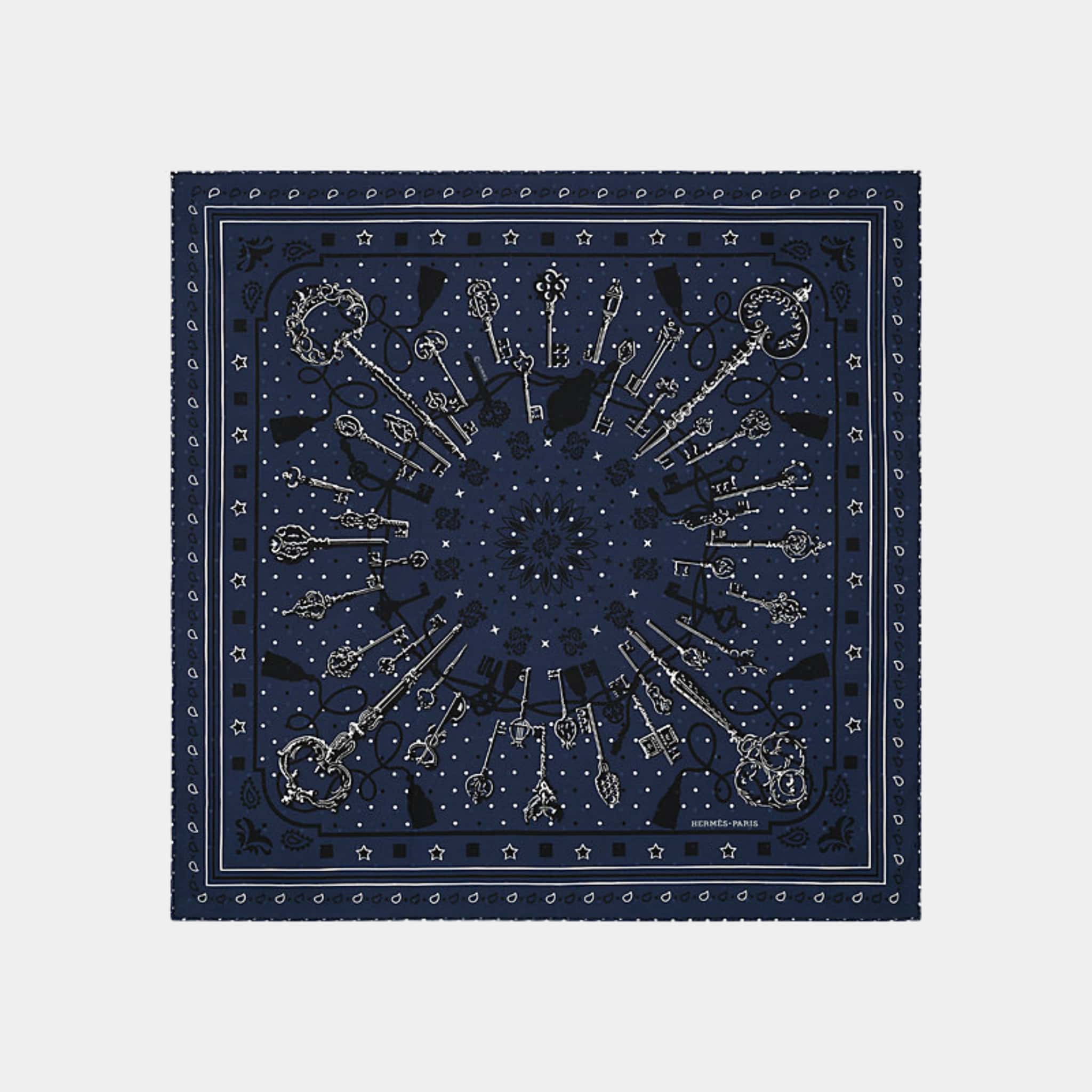 Hermes Les Cles bandana 55, Navy Blue, Front