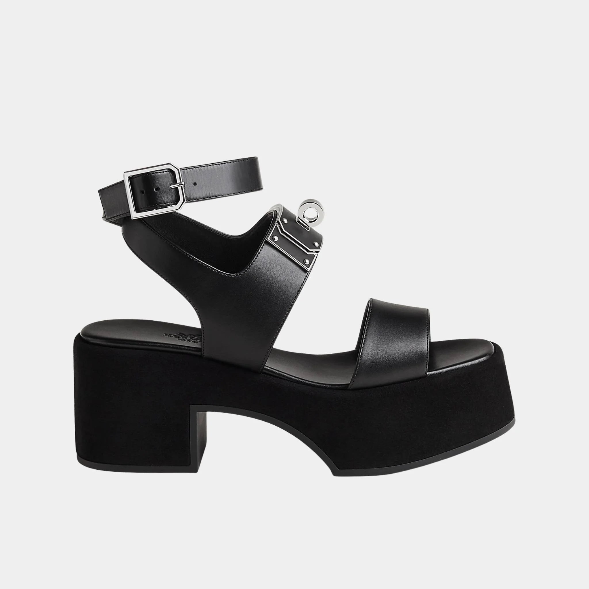 Hermes Lola 35 Heeled Sandals in Calfskin and Suede, Black, Side