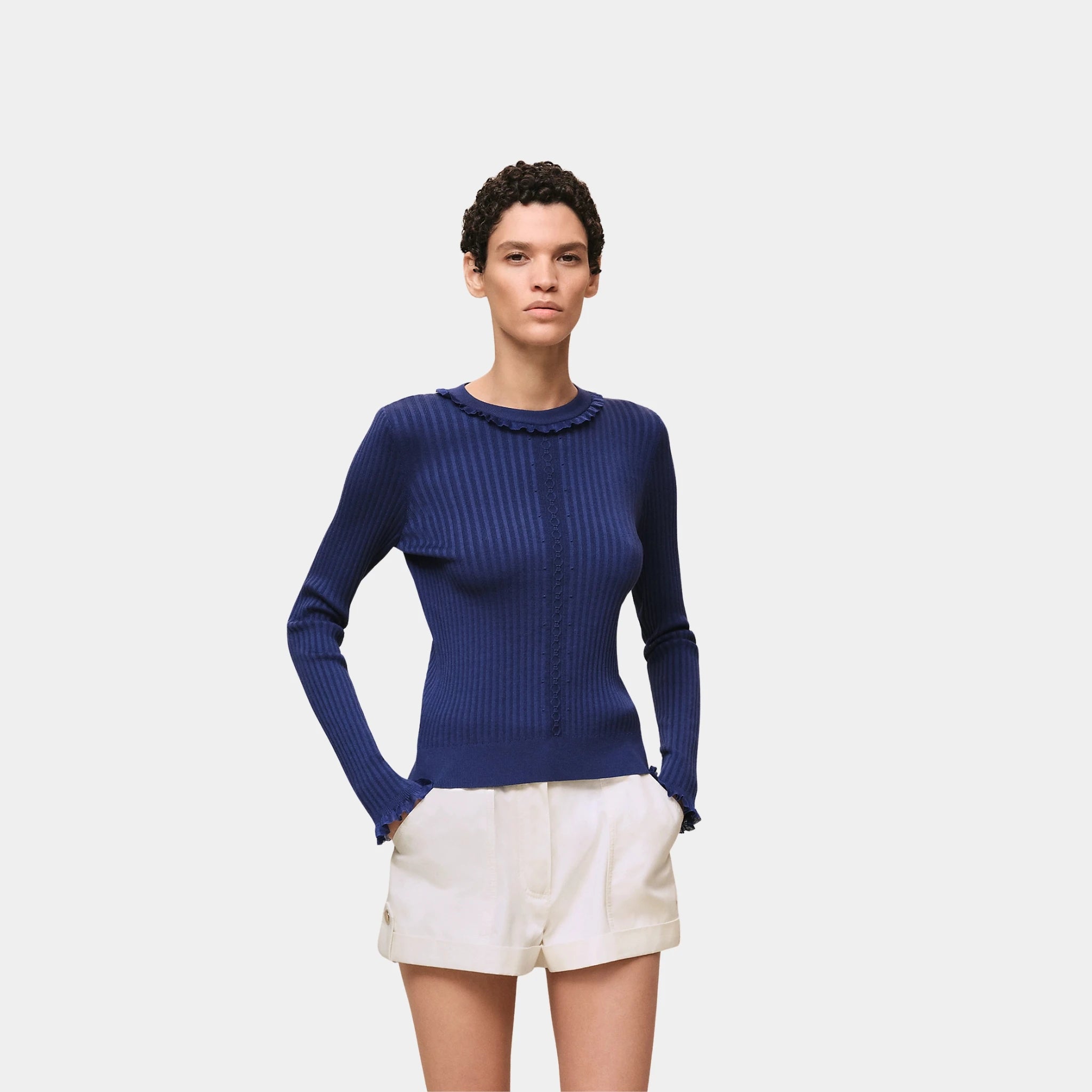 Hermes Long-sleeve Sweater in Silk and Cotton with Thin Cable Stitch, Bleu Lagune, Front