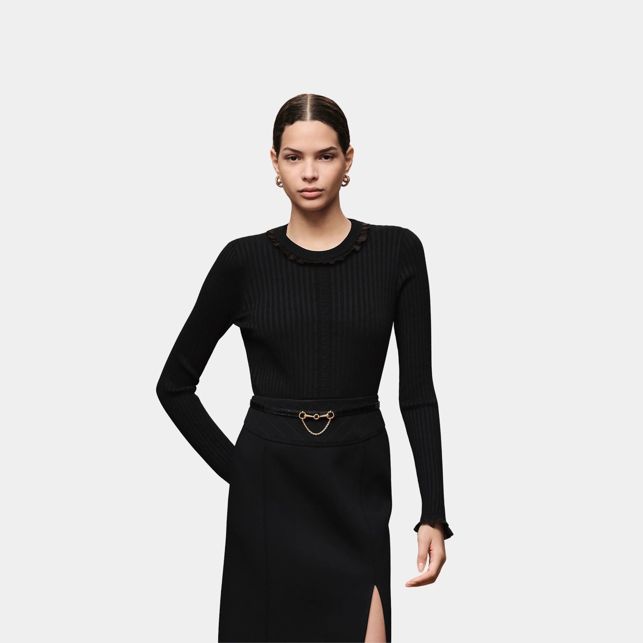 Hermes Long-sleeve Sweater in Silk and Cotton with Thin Cable Stitch, Noir, Front