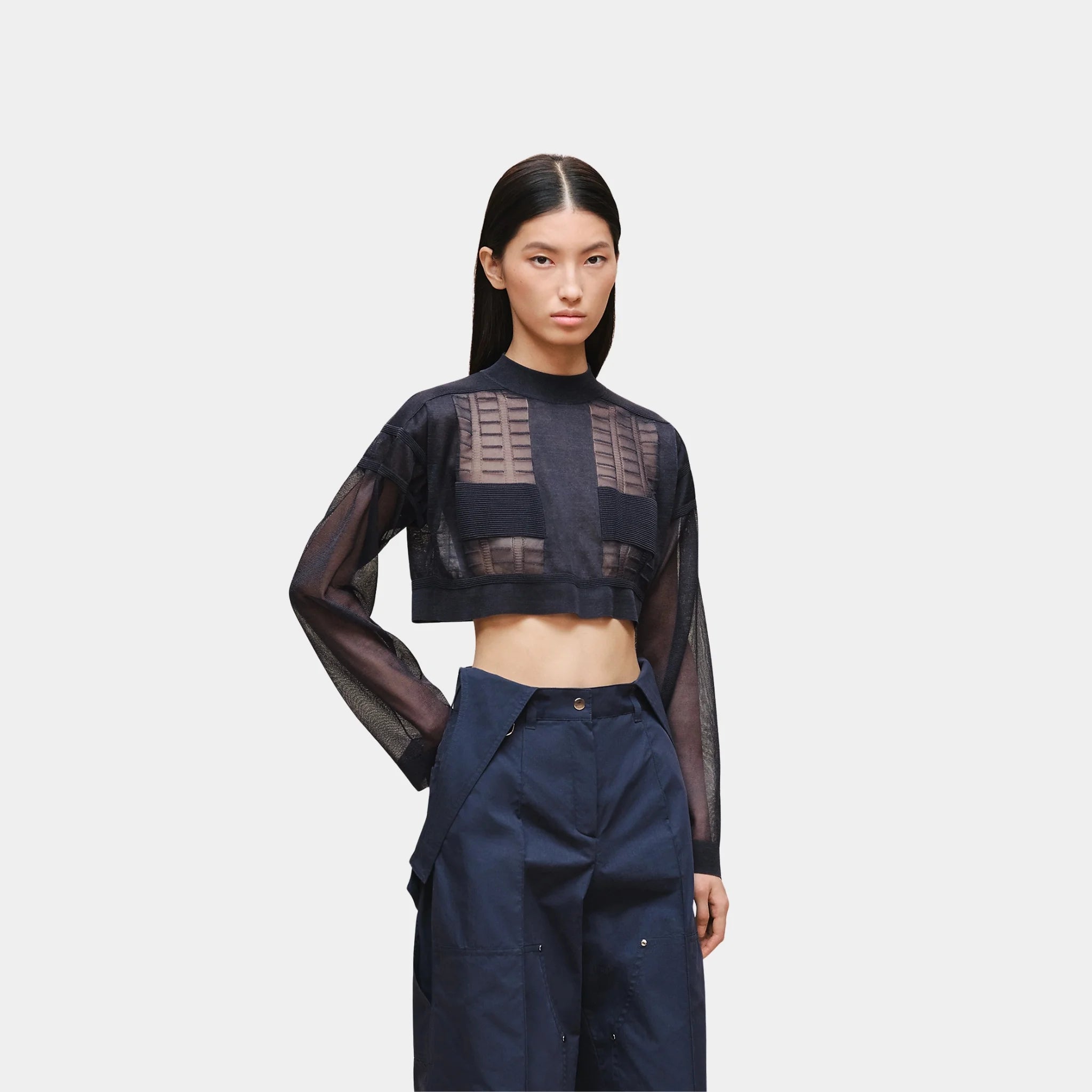 Hermes Long-sleeved Sweater in Lightweight Textured Knit, Bleu Noir, Front