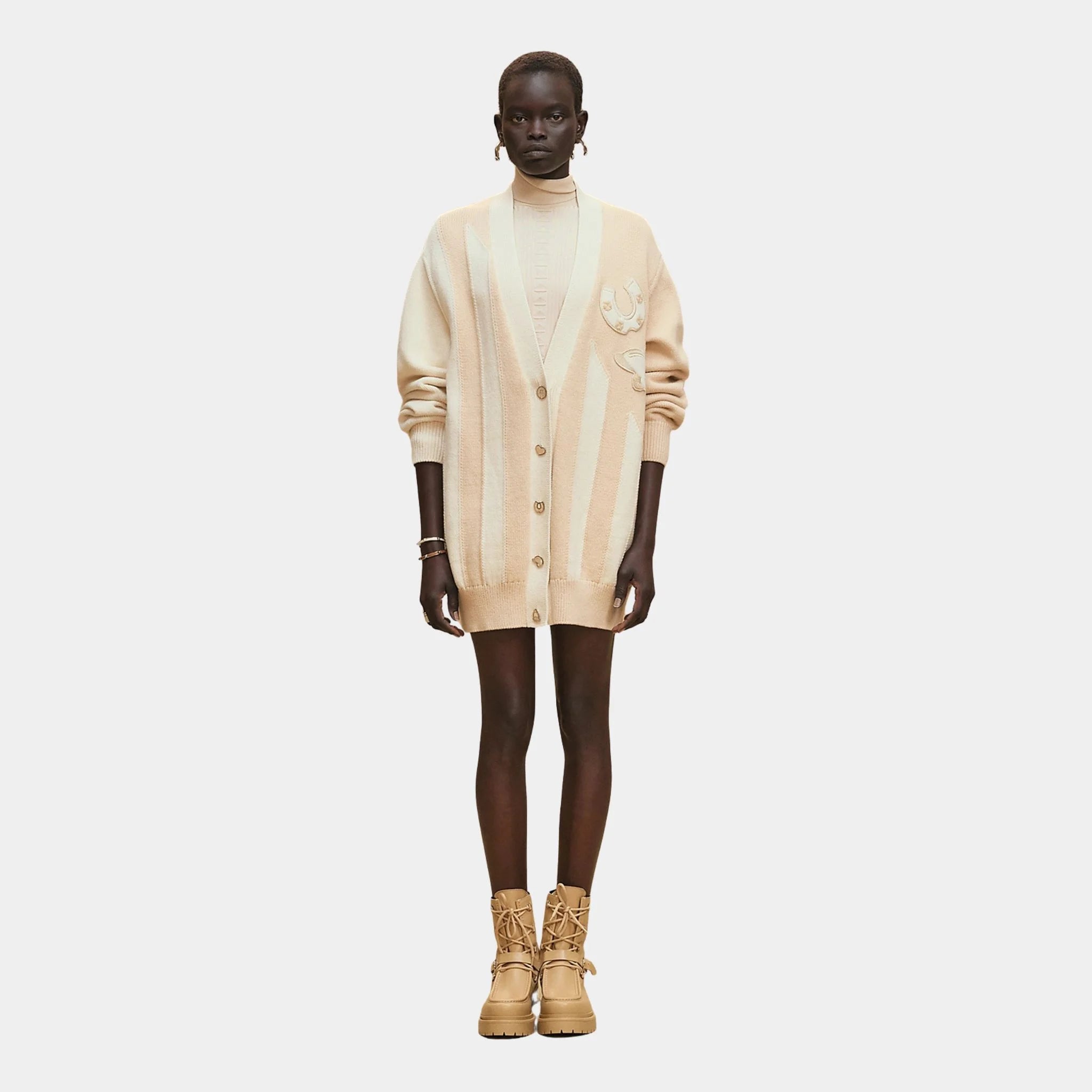 Hermes Long-sleeve Long Cardigan in Thick Bicolor Cotton, Blanc Naturel, Front, Buttoned