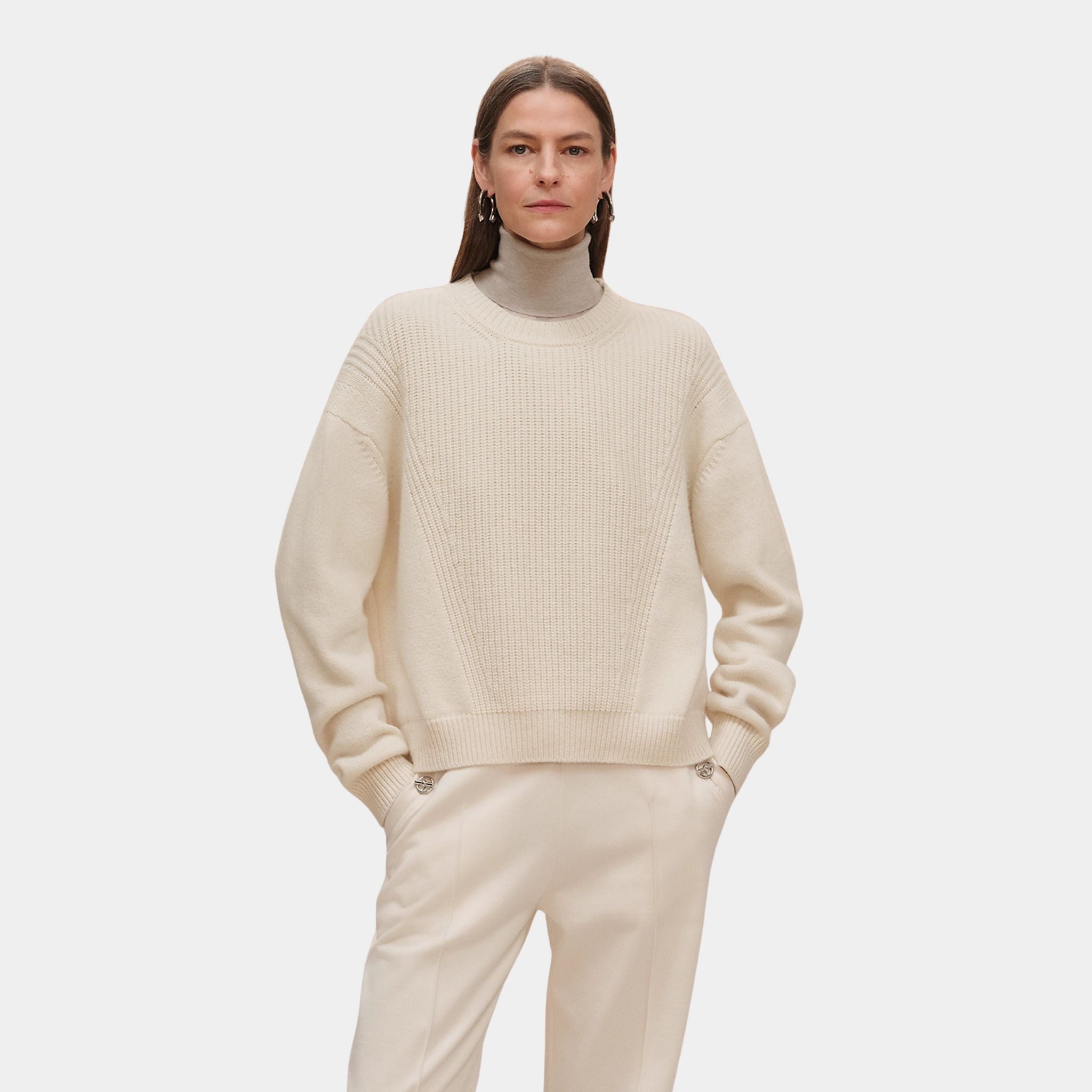 Hermes Long-sleeve Sweater in Plain Scottish Cashmere, Blanc Naturel, Front