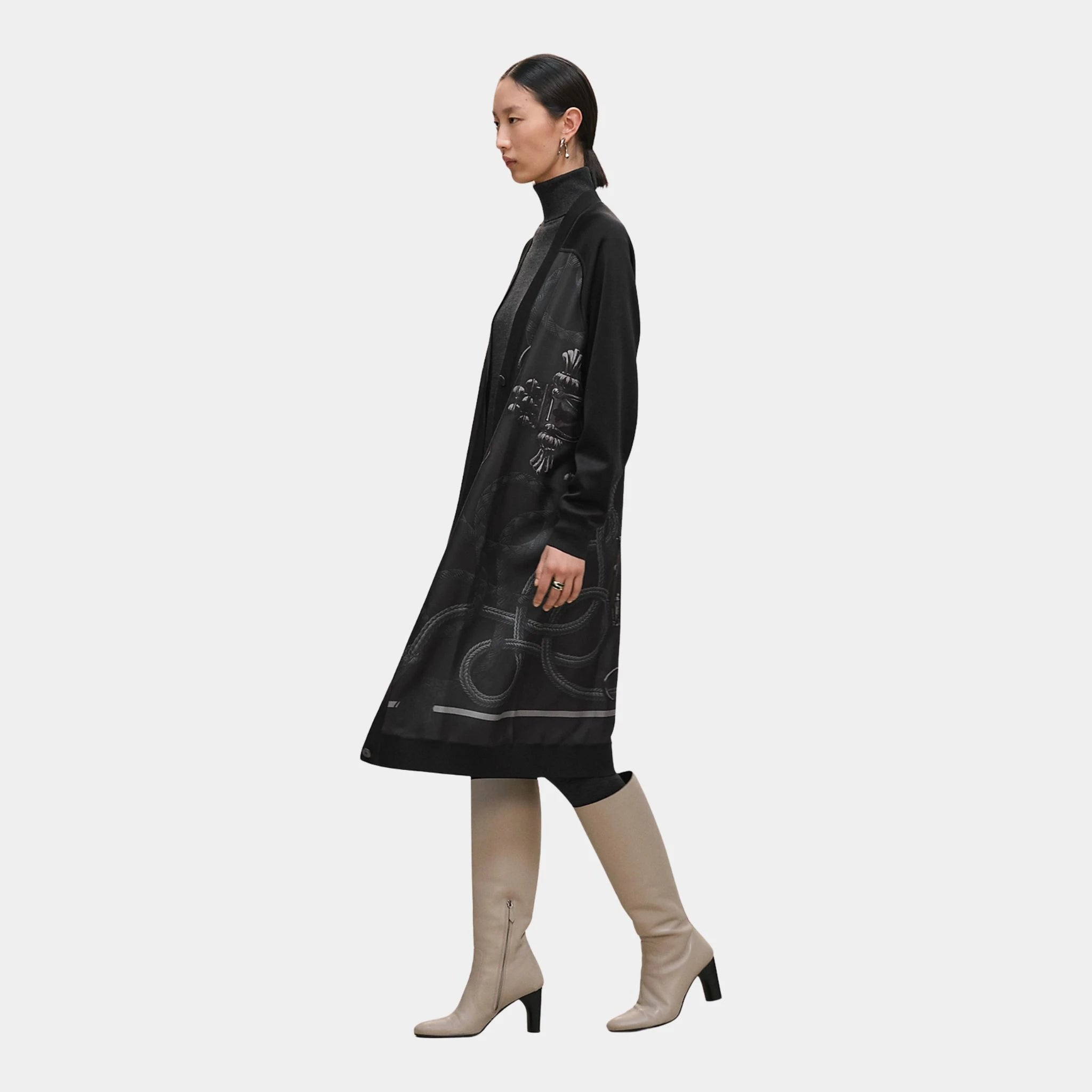 Hermes Long-sleeved Twillaine Cardigan with Palefroi Remix Print, Gris Charbon, Side