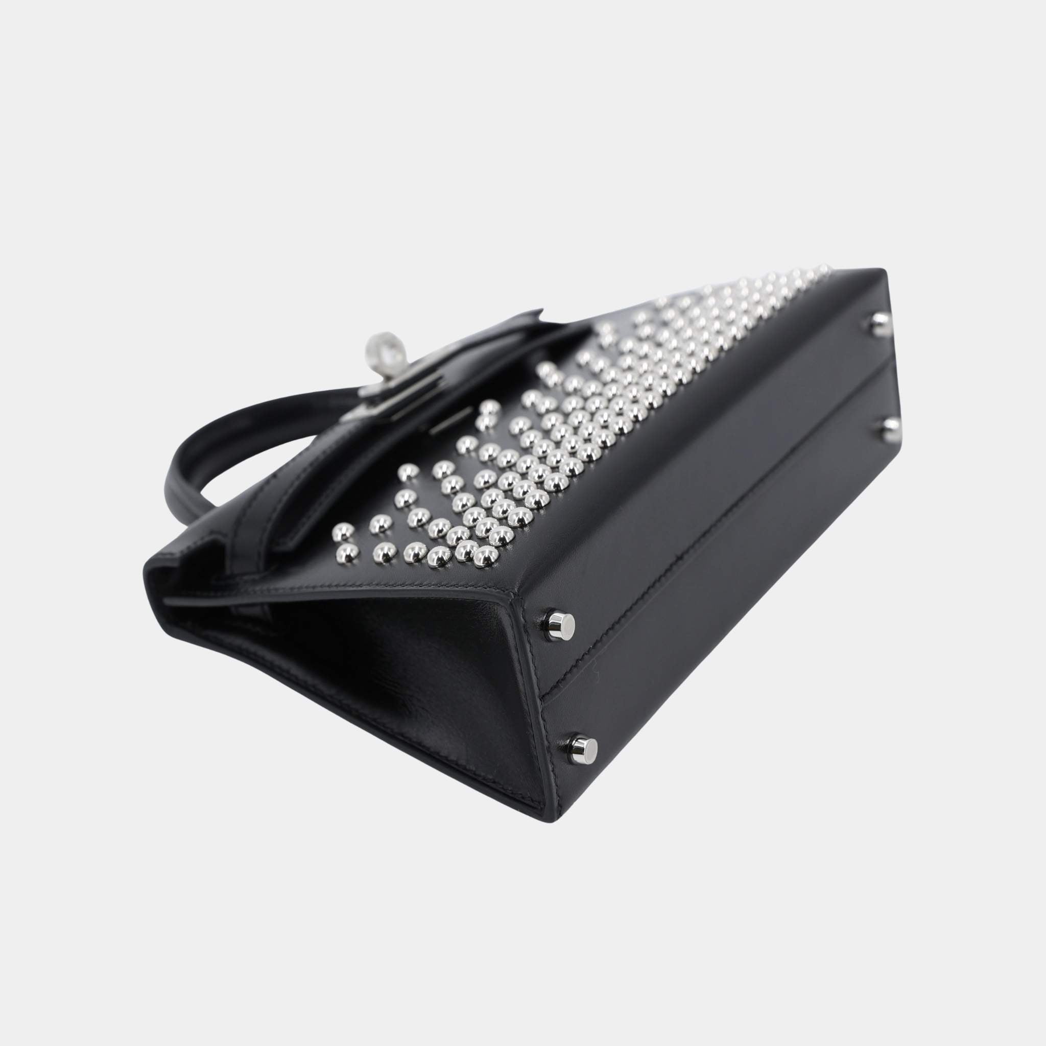 Hermes Mini Kelly II Limited Edition Cloute Studded Box-Calf Black PHW, Bottom