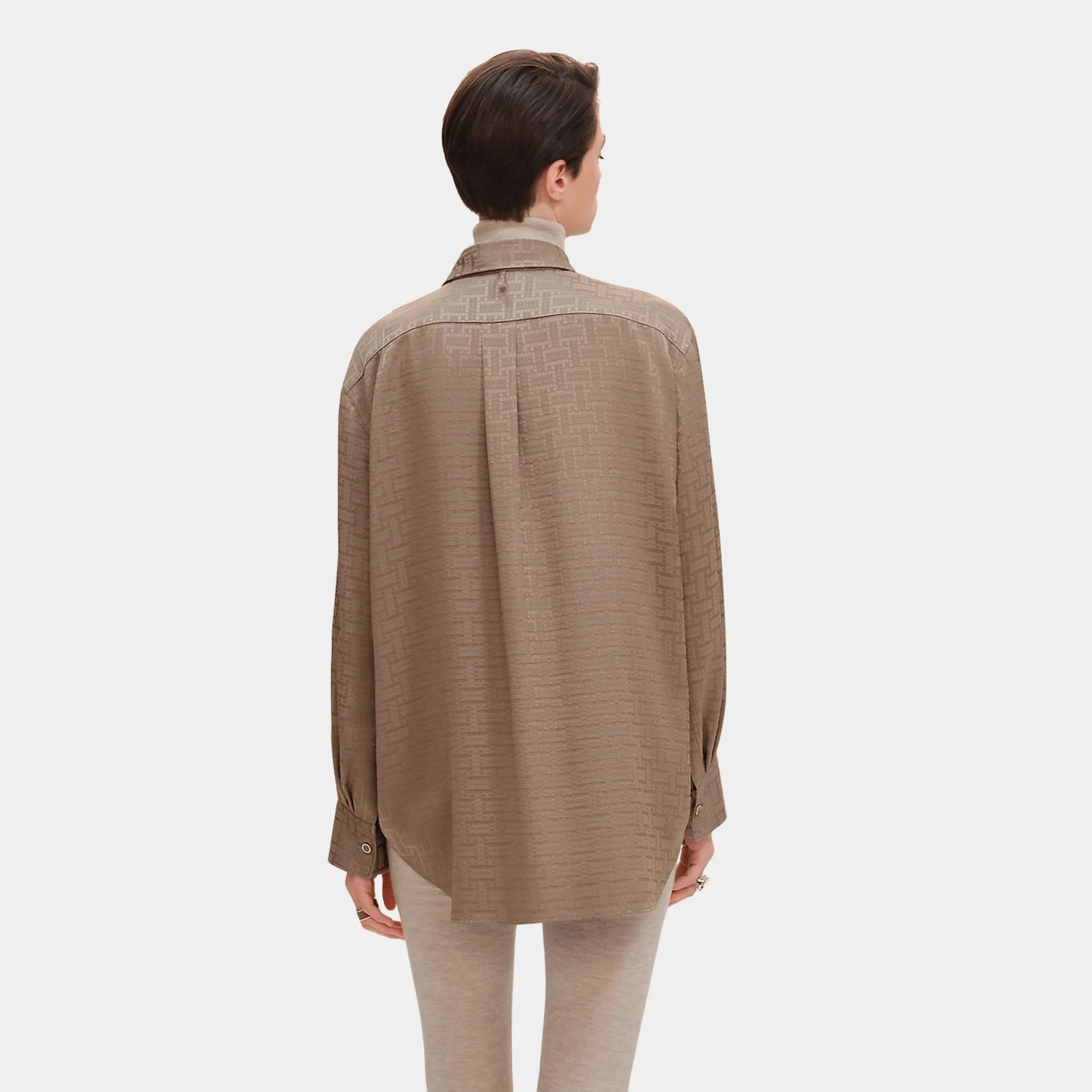 Hermes Mosaique Ascot Collar Shirt in Jacquard Silk, Gris Etoupe, Back