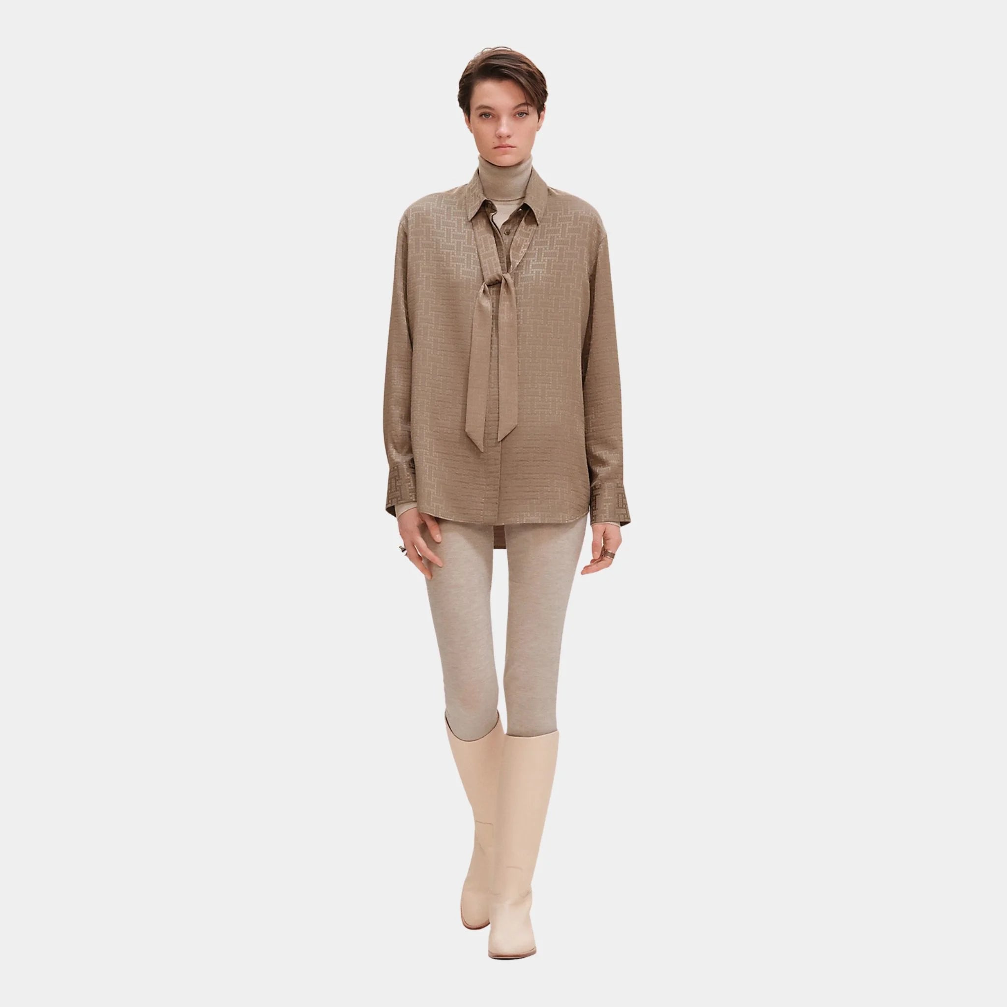 Hermes Mosaique Ascot Collar Shirt in Jacquard Silk, Gris Etoupe, Front