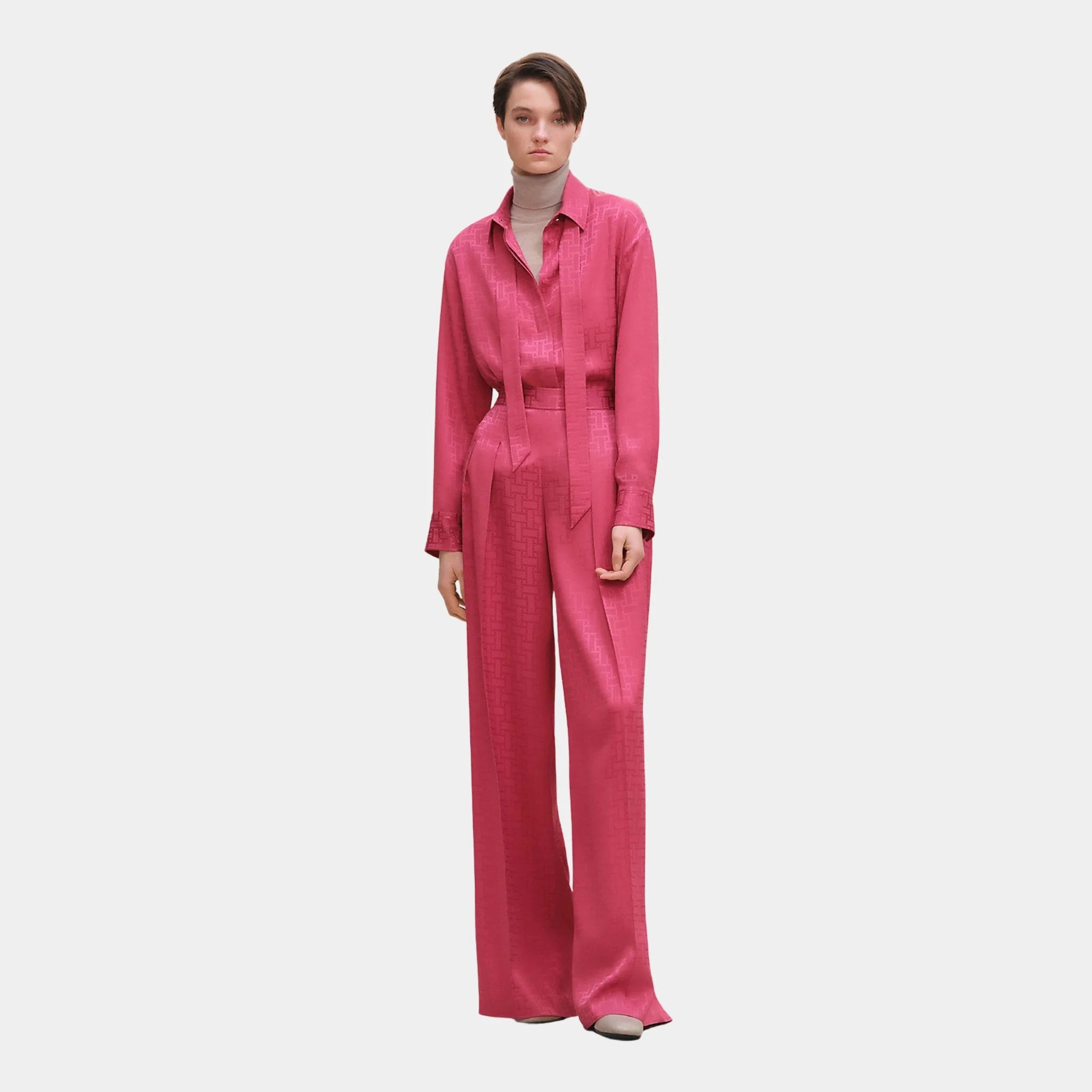 Hermes Mosaique Ascot Collar Shirt in Jacquard Silk, Rose Framboise, Front