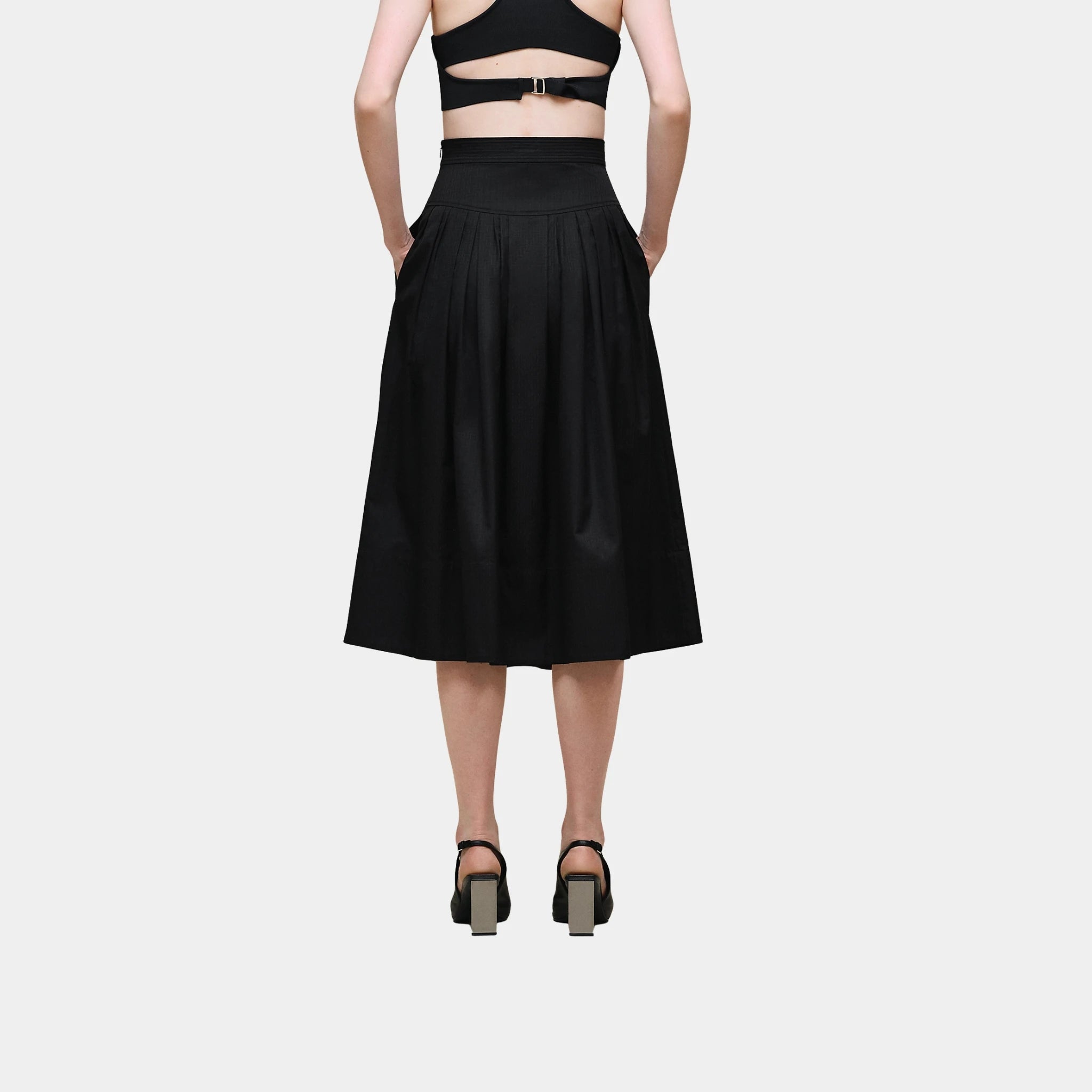Hermes Mosaique Pleated Skirt with Basque, Noir, Back