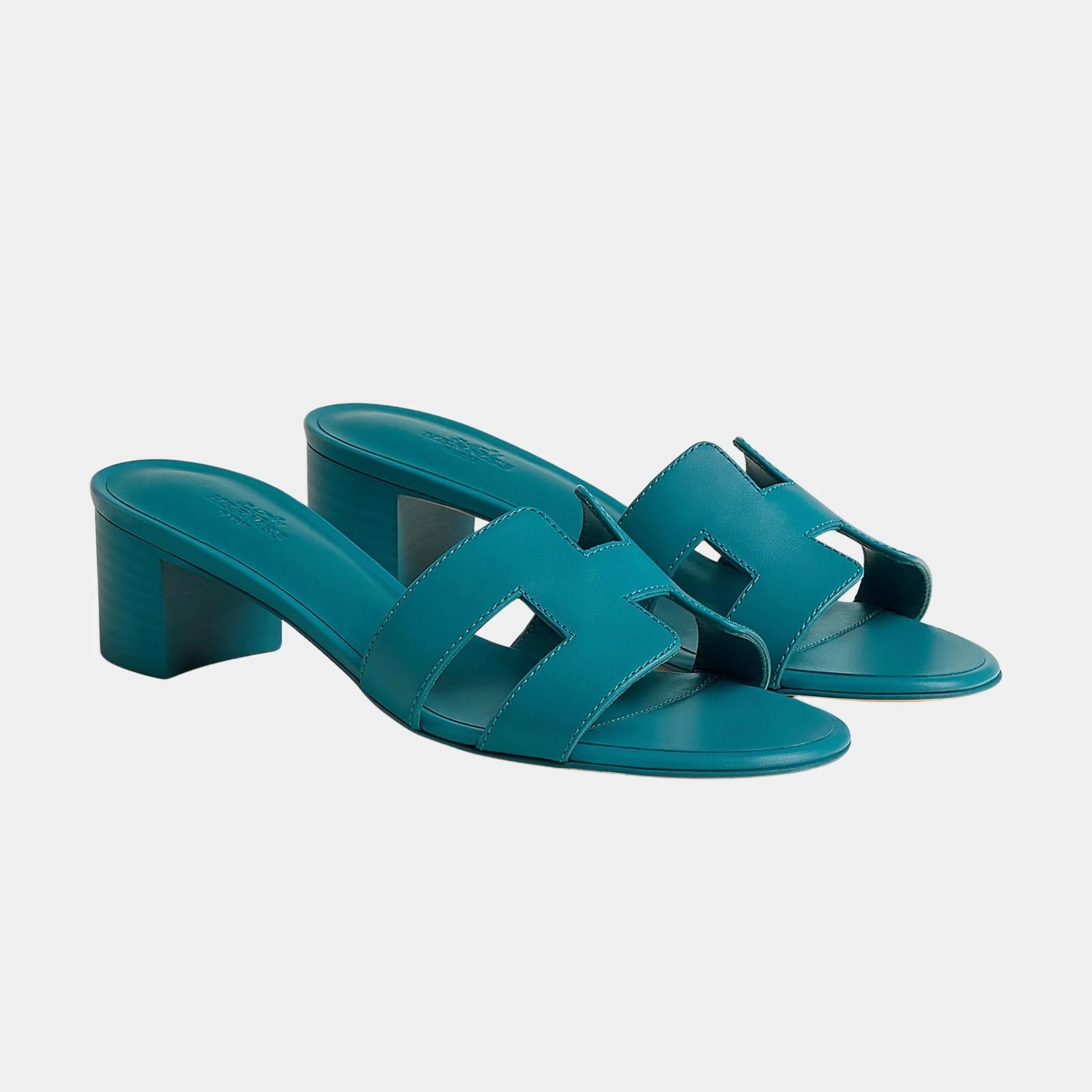 Hermes Oasis Sandals Calfskin, White, Iroise Blue, Front