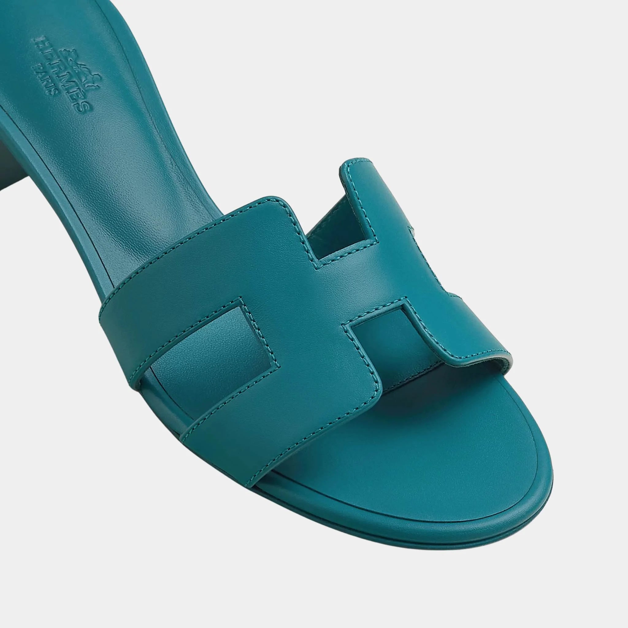 Hermes Oasis Sandals Calfskin, White, Iroise Blue, Top