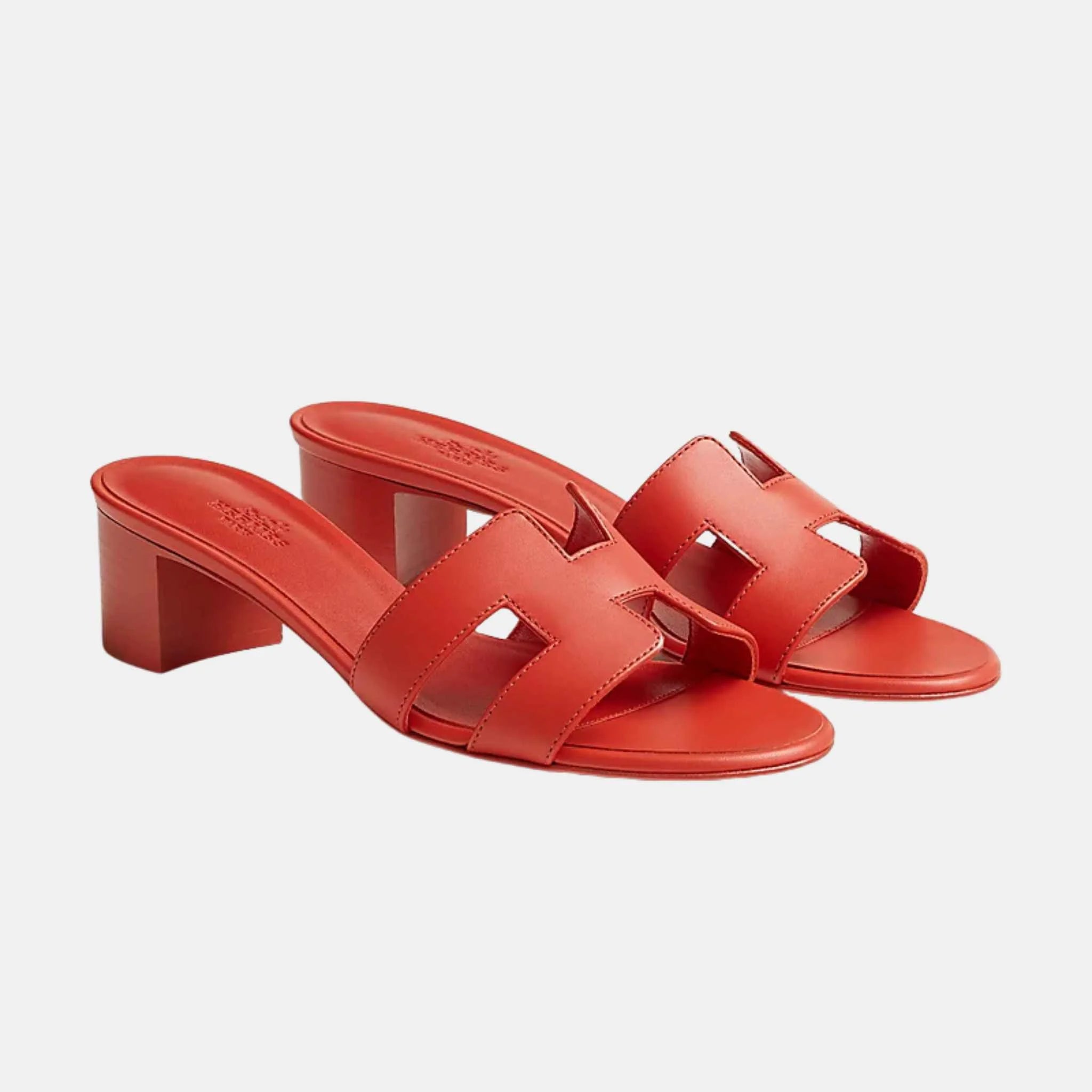 Hermes Oasis Sandals Calfskin, White, Orange Capucine, Front