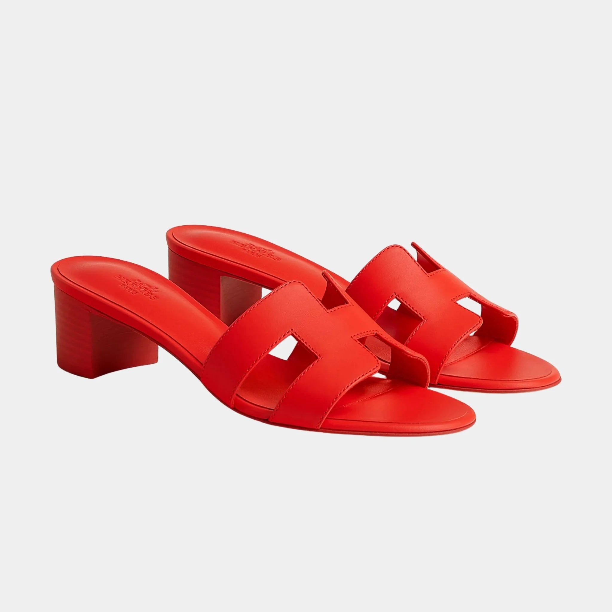 Hermes Oasis Sandals Calfskin, White, Rouge Grenadine, Front