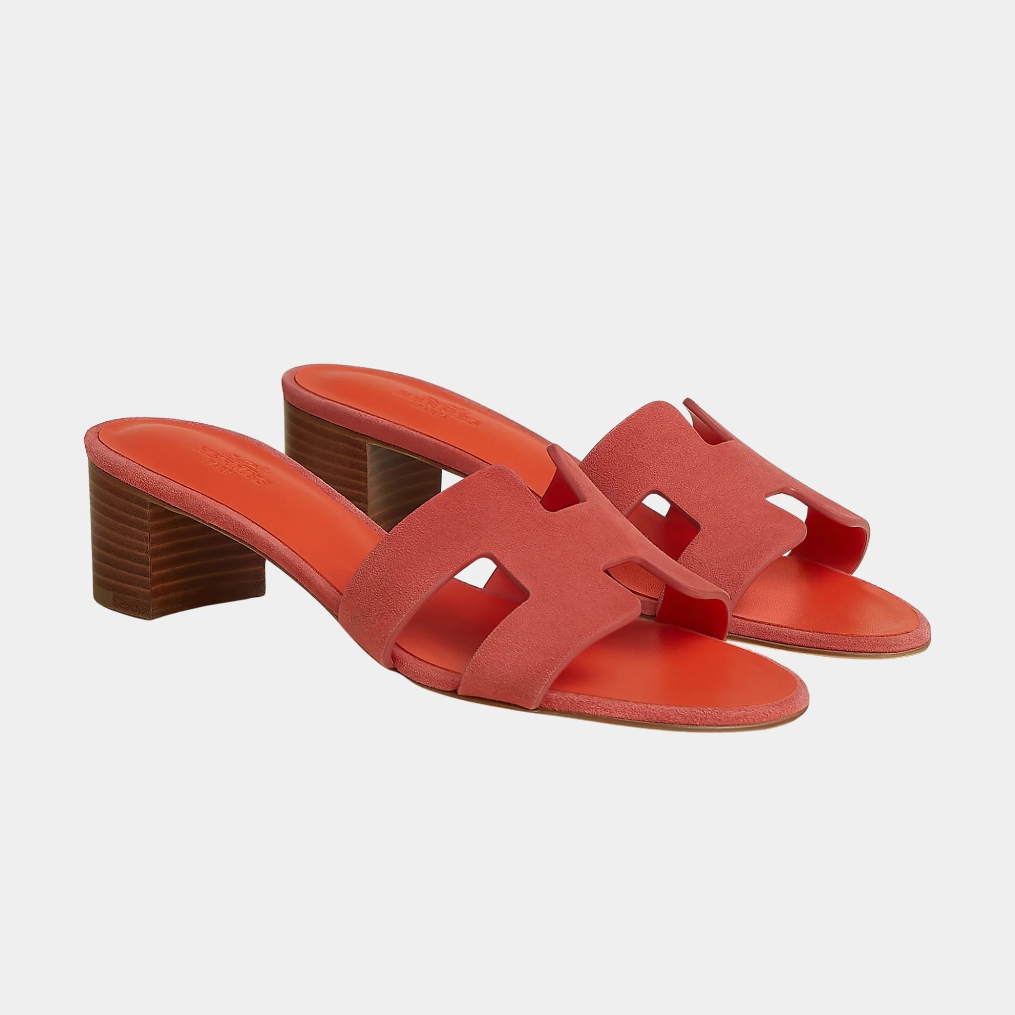 Hermes Oasis Sandals Suede Goatskin, Rose Antique, Orange H, Front