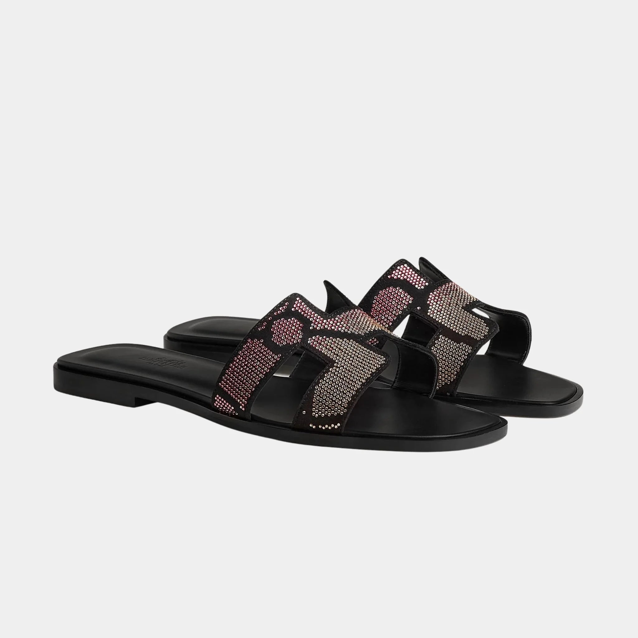 Hermes Oran Sandal in Suede with Figure Artistique Rhinestone, Noir, Rose, Front