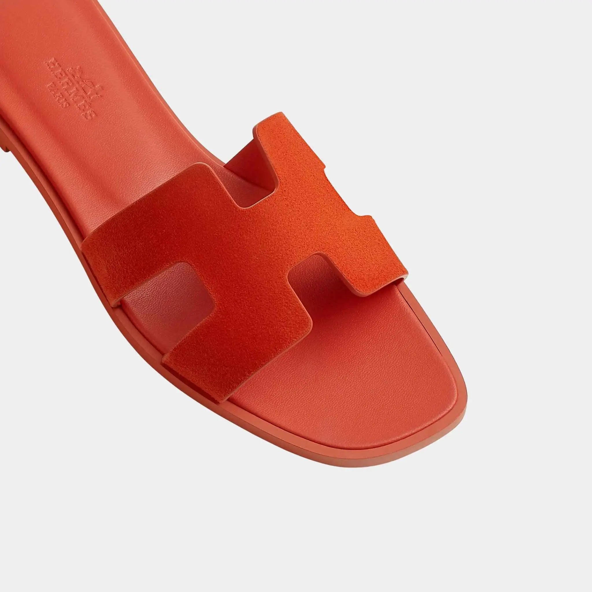 Hermes Oran Sandal in Suede Goatskin, Orange Corail, Top