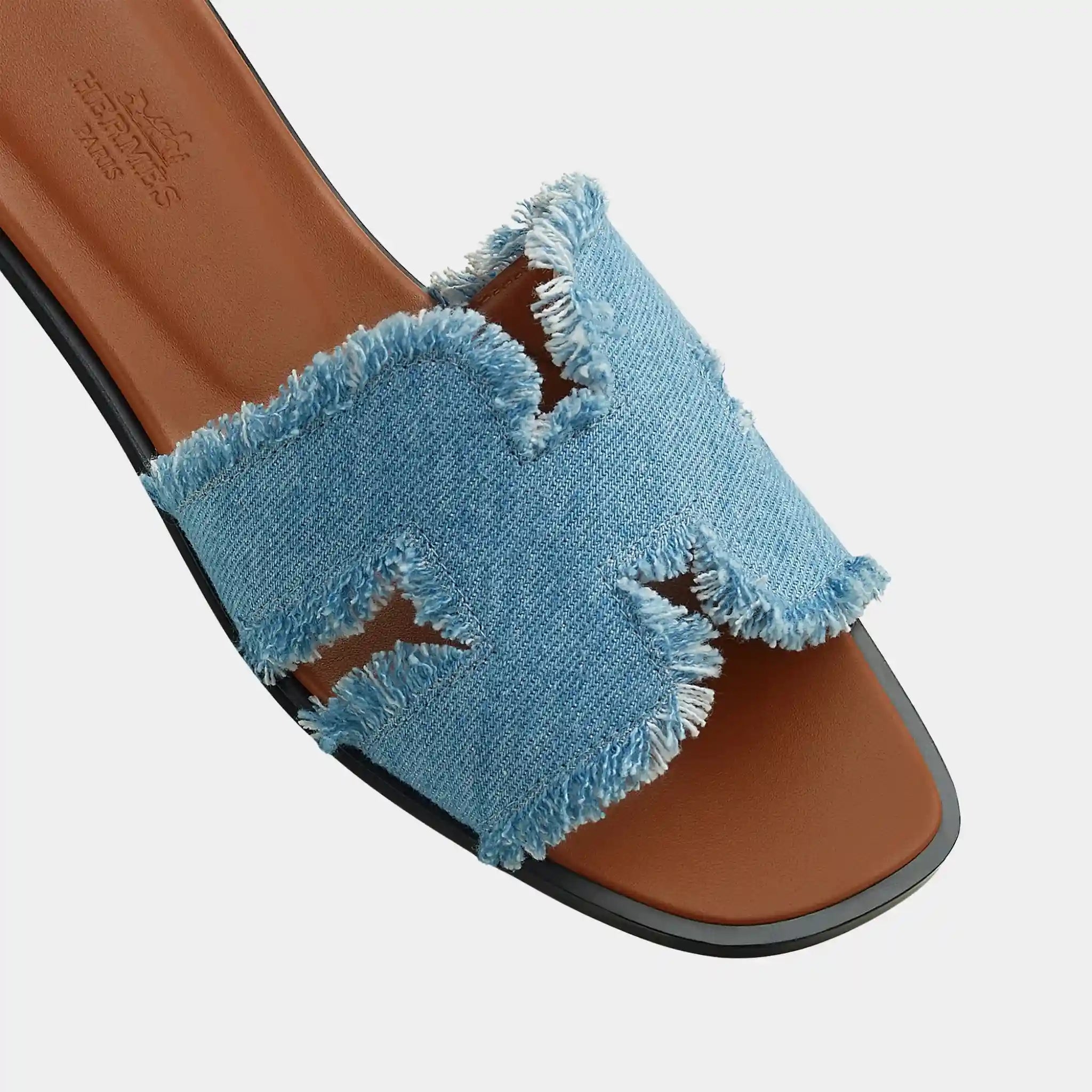 Hermes Oran Sandals in Maxi Fringed Denim, Bleu Clair, Top