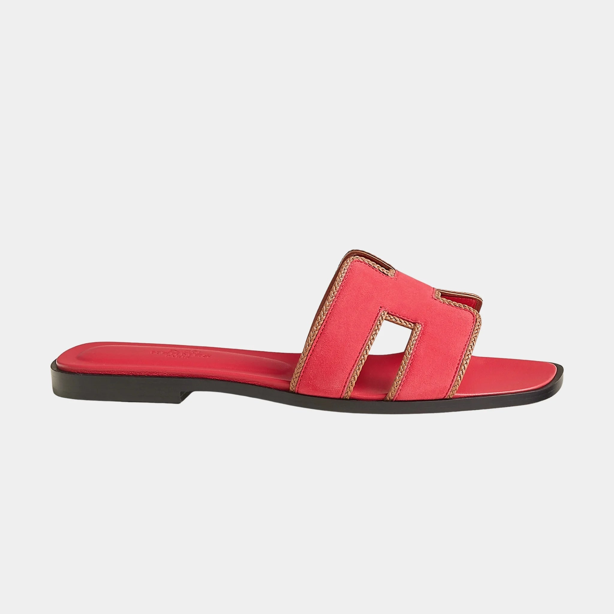 Hermes Oran Sandals in Suede and Braided Nappa Leather, Rose Grenade, Naturel, Side