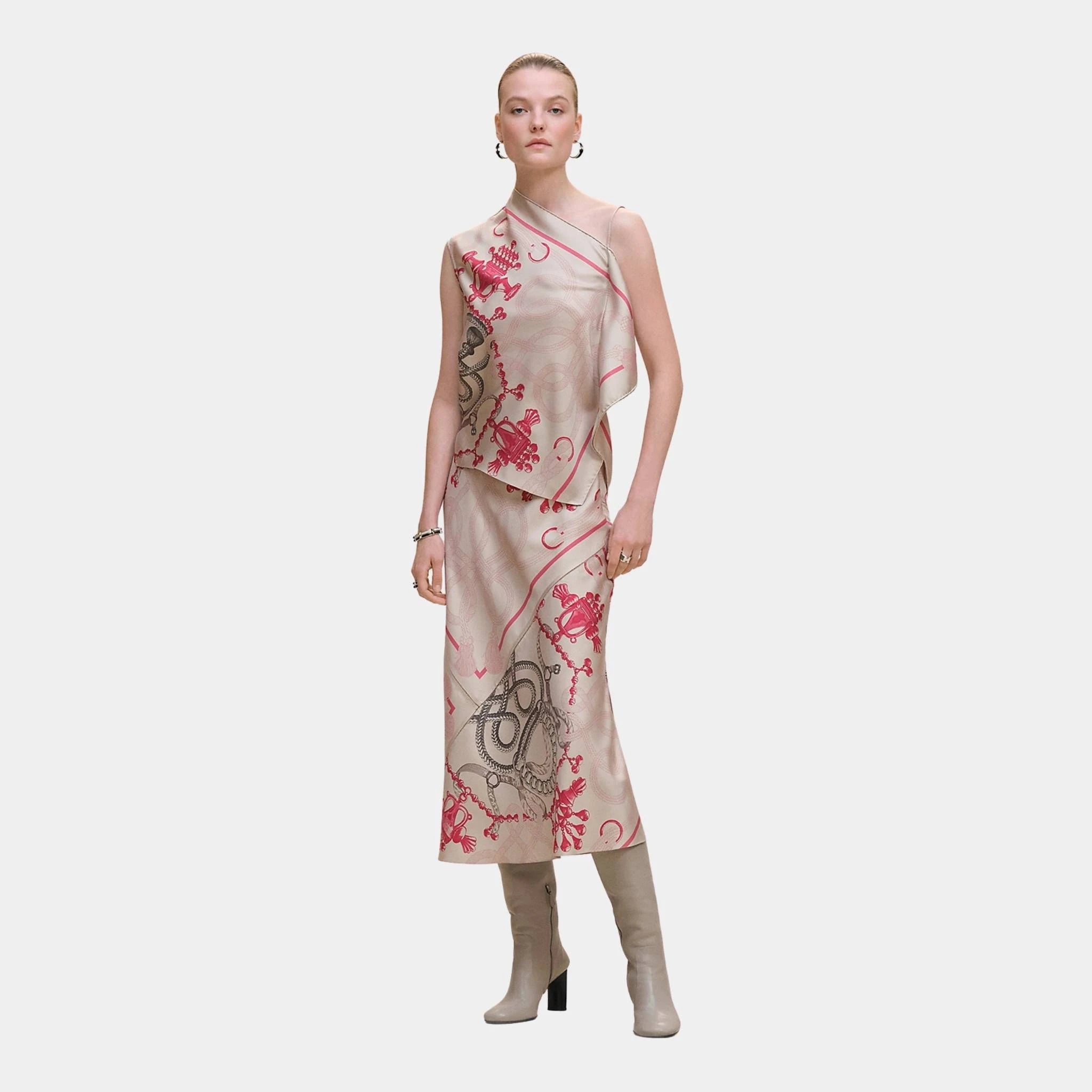 Hermes Palefroi Remix Flowy Slanted Skirt, Beige Avoine, Model