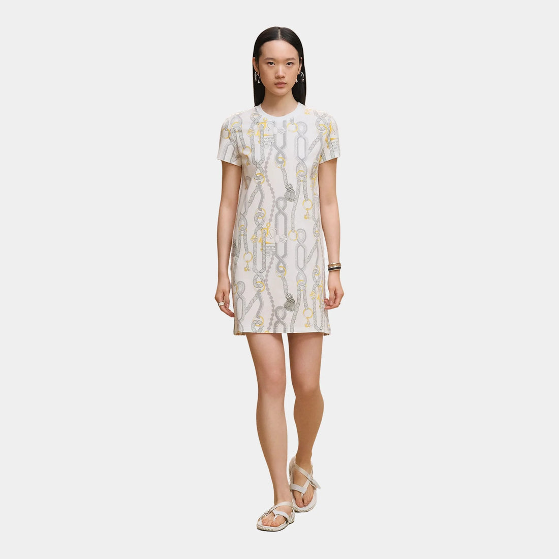 Hermes Palefroi Remix Printed Straight Dress, Blanc, Front