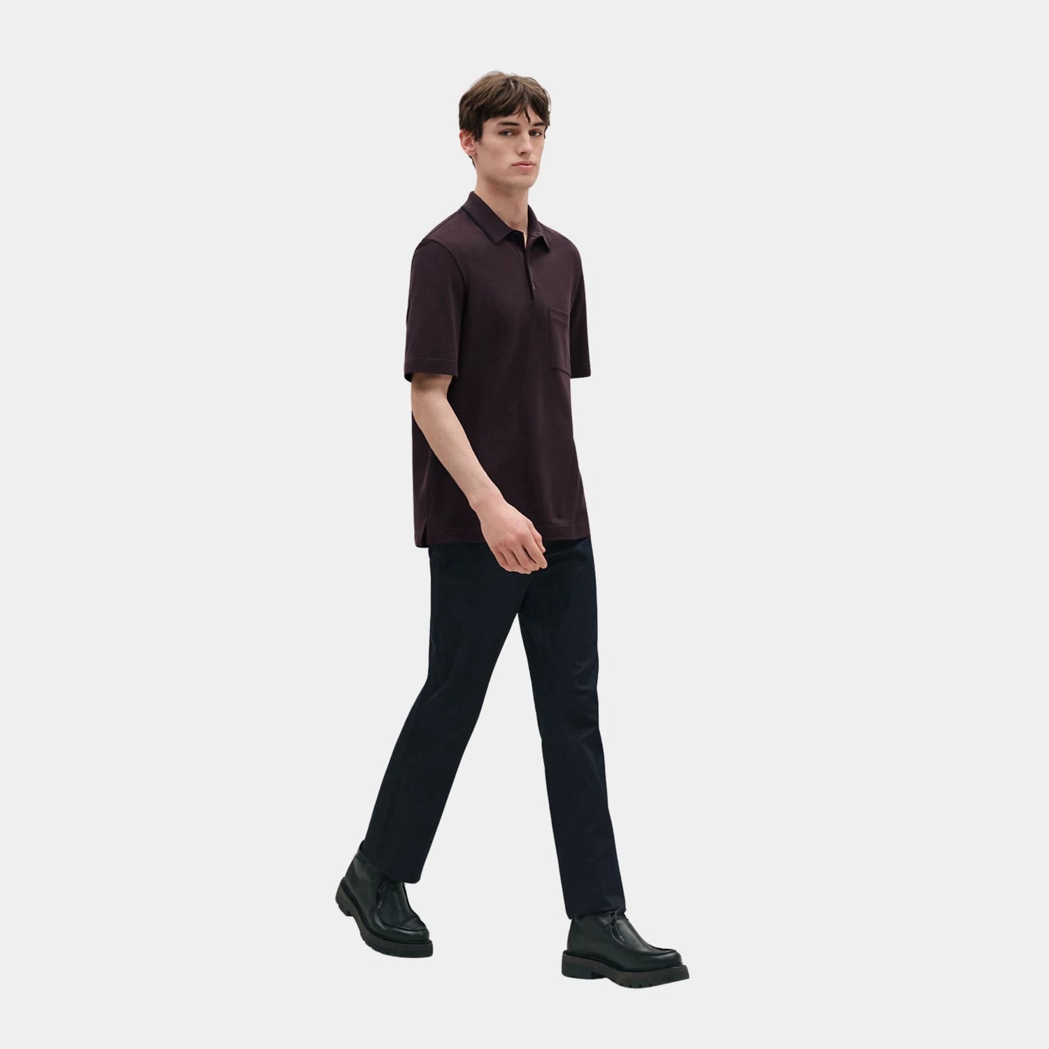 Hermes Piqures sellier Short-sleeve Polo Shirt in Cotton, Prunoir, Front