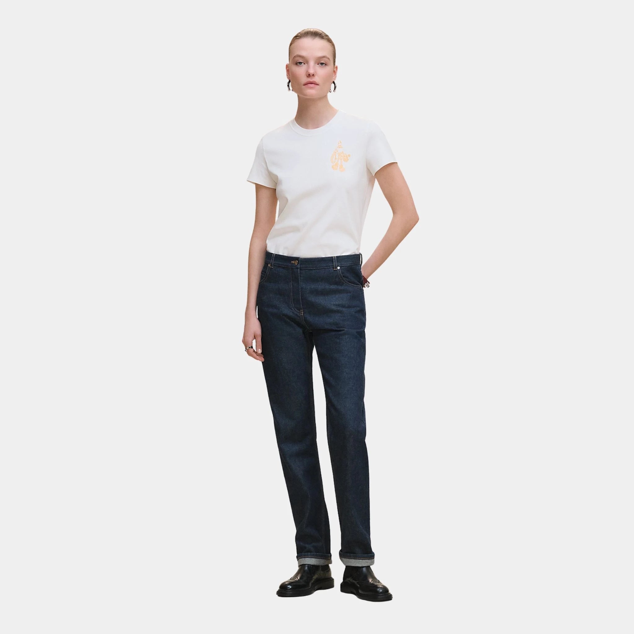 Hermes Printed Straight T-shirt in Plain Jersey, Blanc, Front