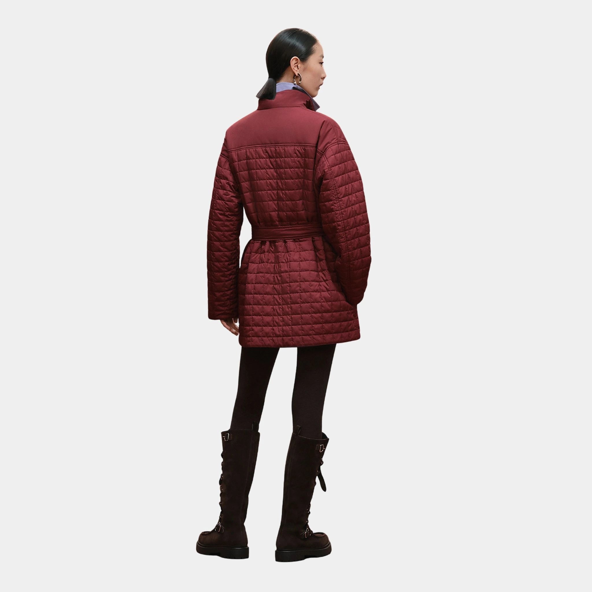Hermes Quilted Coat in Plume Canvas, Rouge H, Back