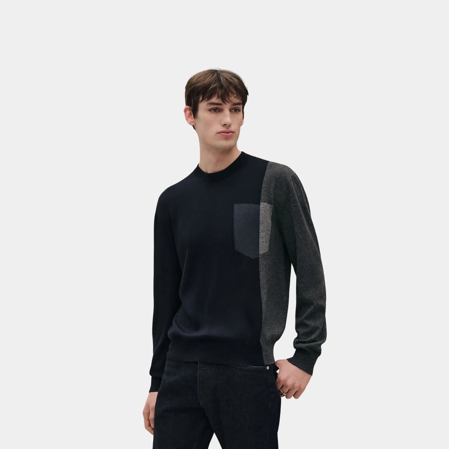 Hermes Round Neck Shadow Pocket Sweater, Marine, Front