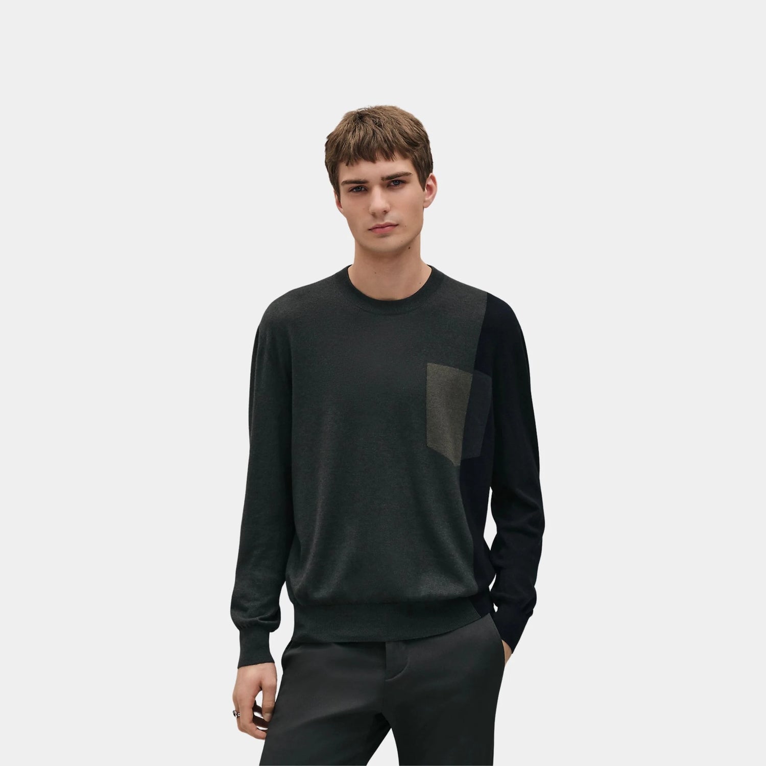 Hermes Round Neck Shadow Pocket Sweater, Vert Chrome, Front