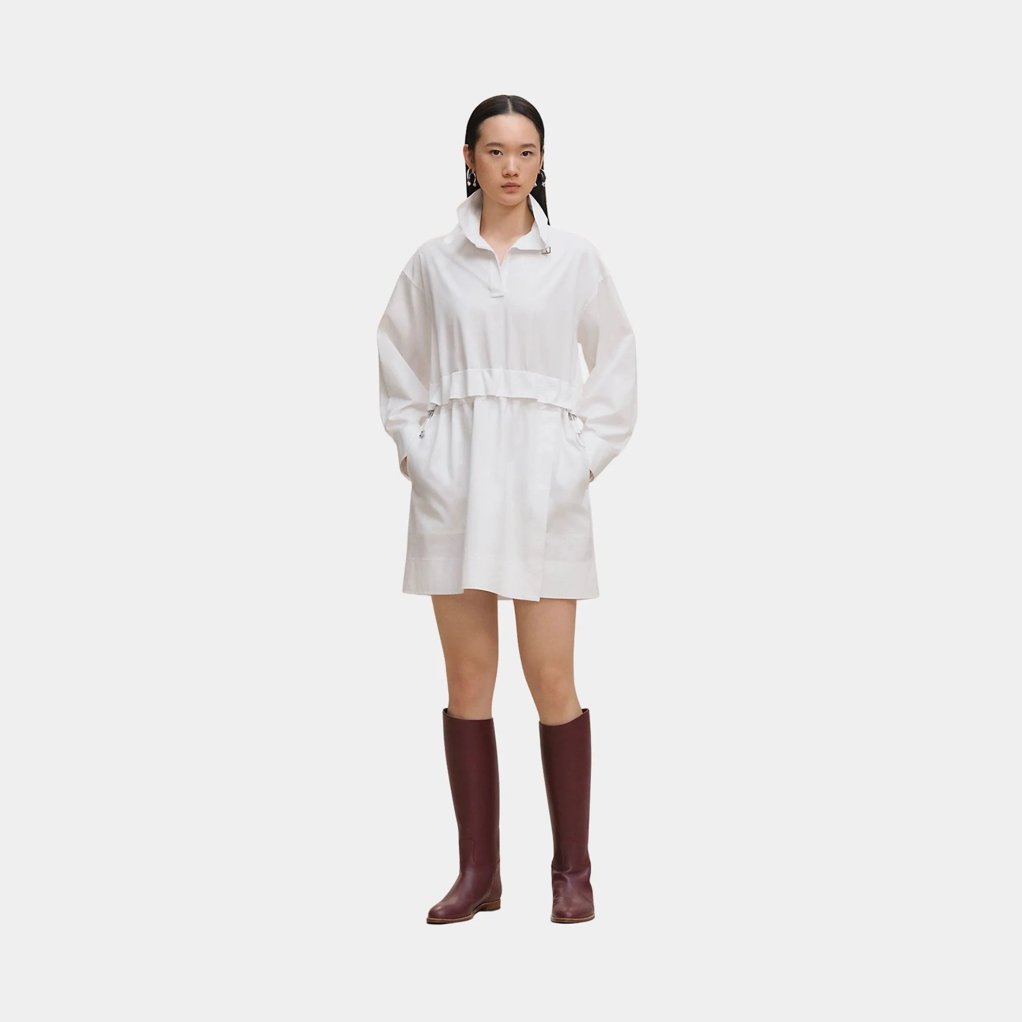 Hermes Short Polo Dress in Cotton Twill, Blanc, Front