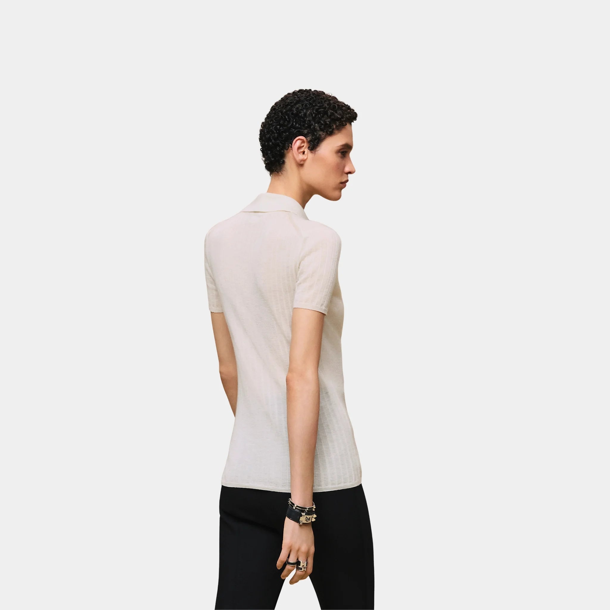 Hermes Short-sleeve Polo Shirt in Cashmere and Silk, Blanc Naturel, Back