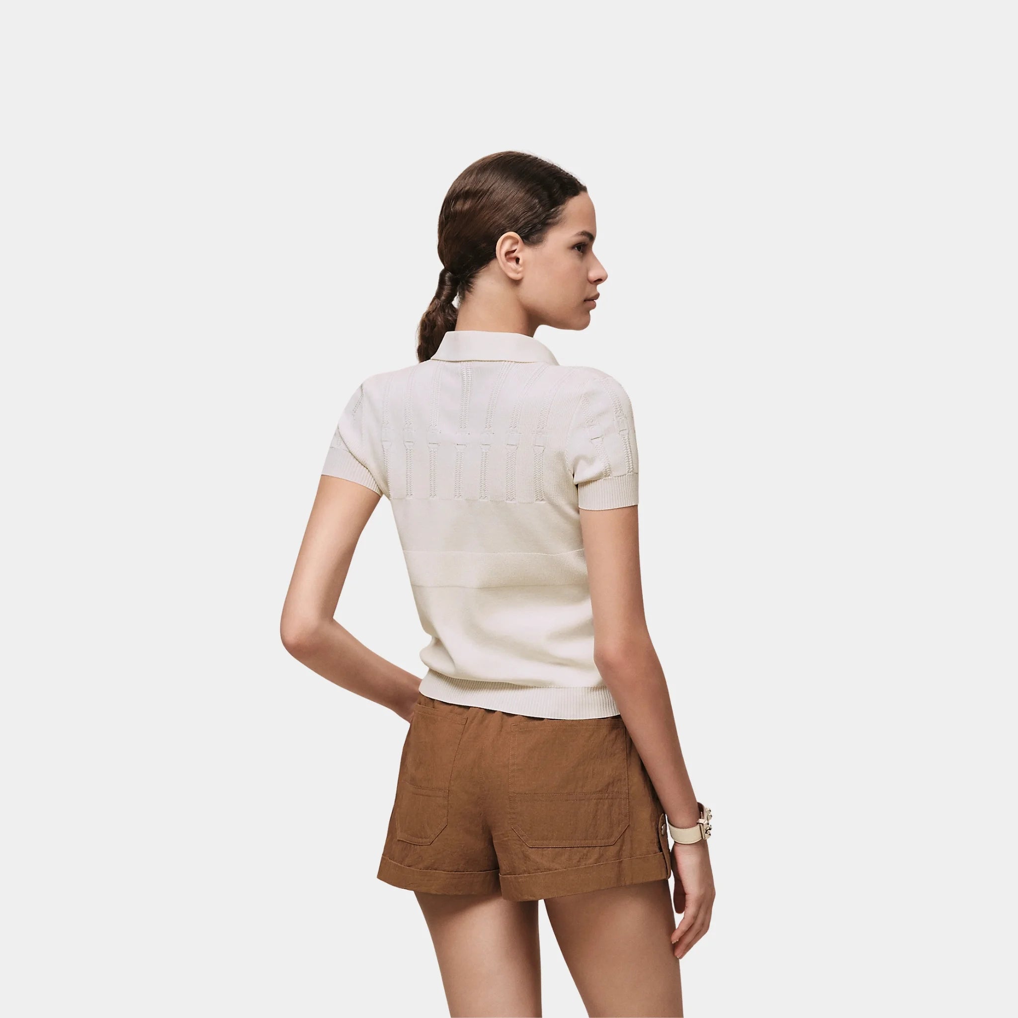 Hermes Short-sleeve Polo Shirt in Silk Textured Knit and Cotton, Blanc Naturel, Back