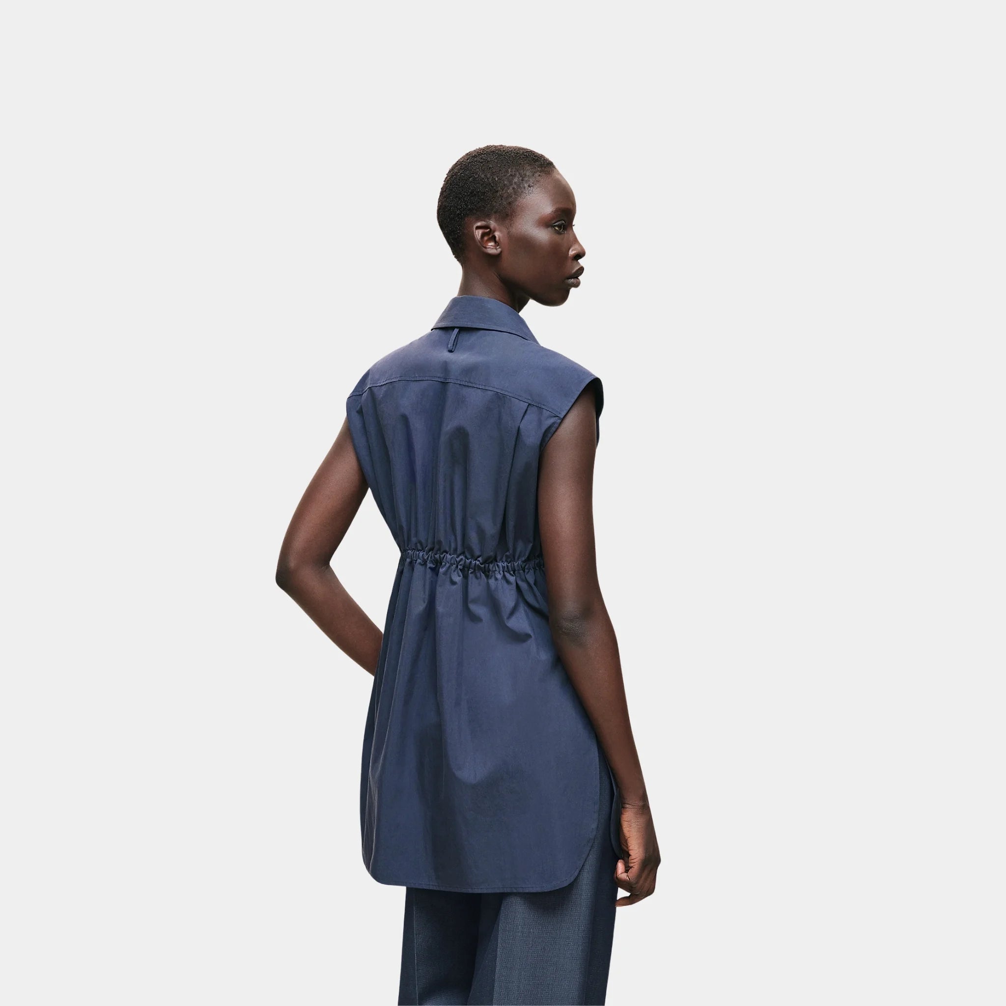 Hermes Sleeveless Drawstring Shirt in Technical Cotton, Bleu Outremer, Back