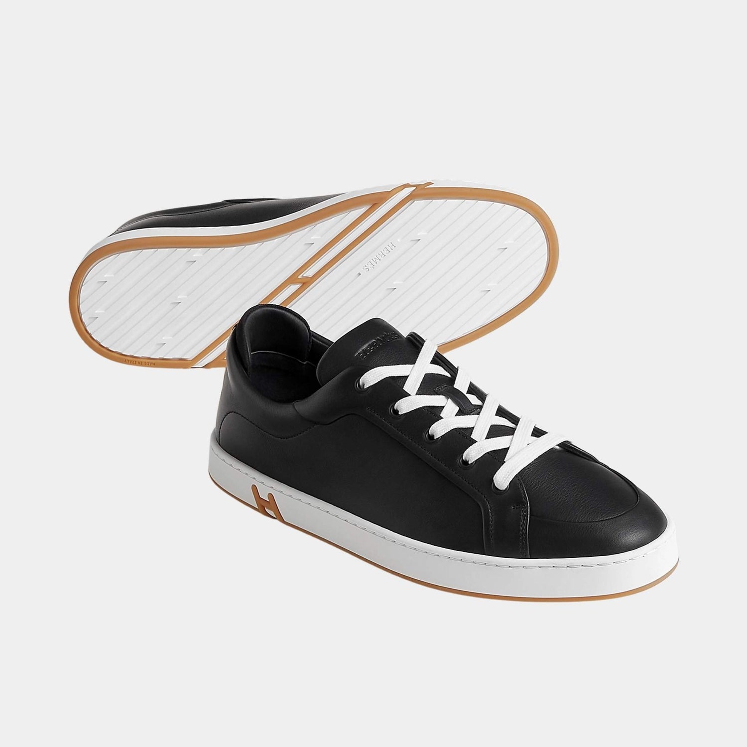 Hermes Sneakers Kid Calfskin and Suede Goatskin, Black Honey, Front