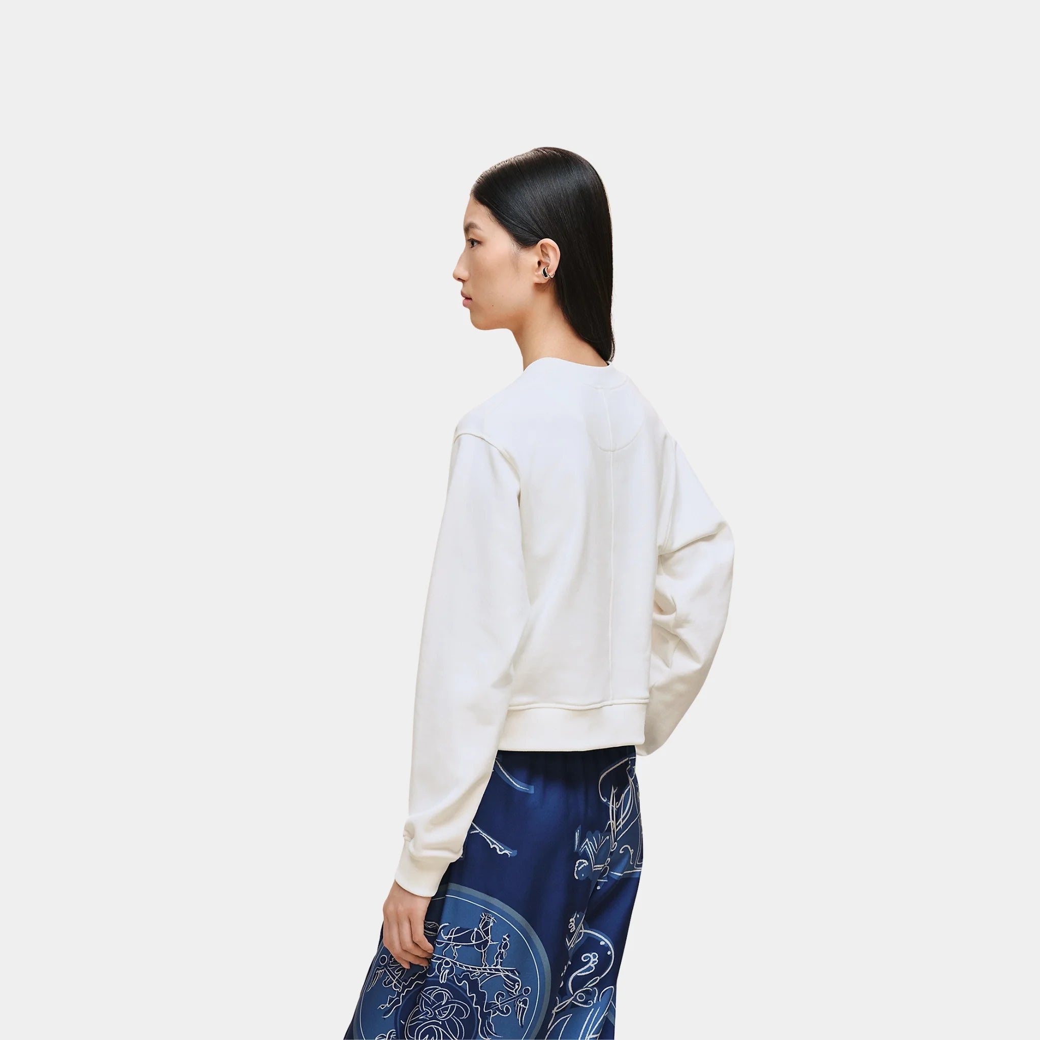 Hermes Sweatshirt with Embroidered Darts in Cotton Duffle and Silk, Blanc Casse, Back