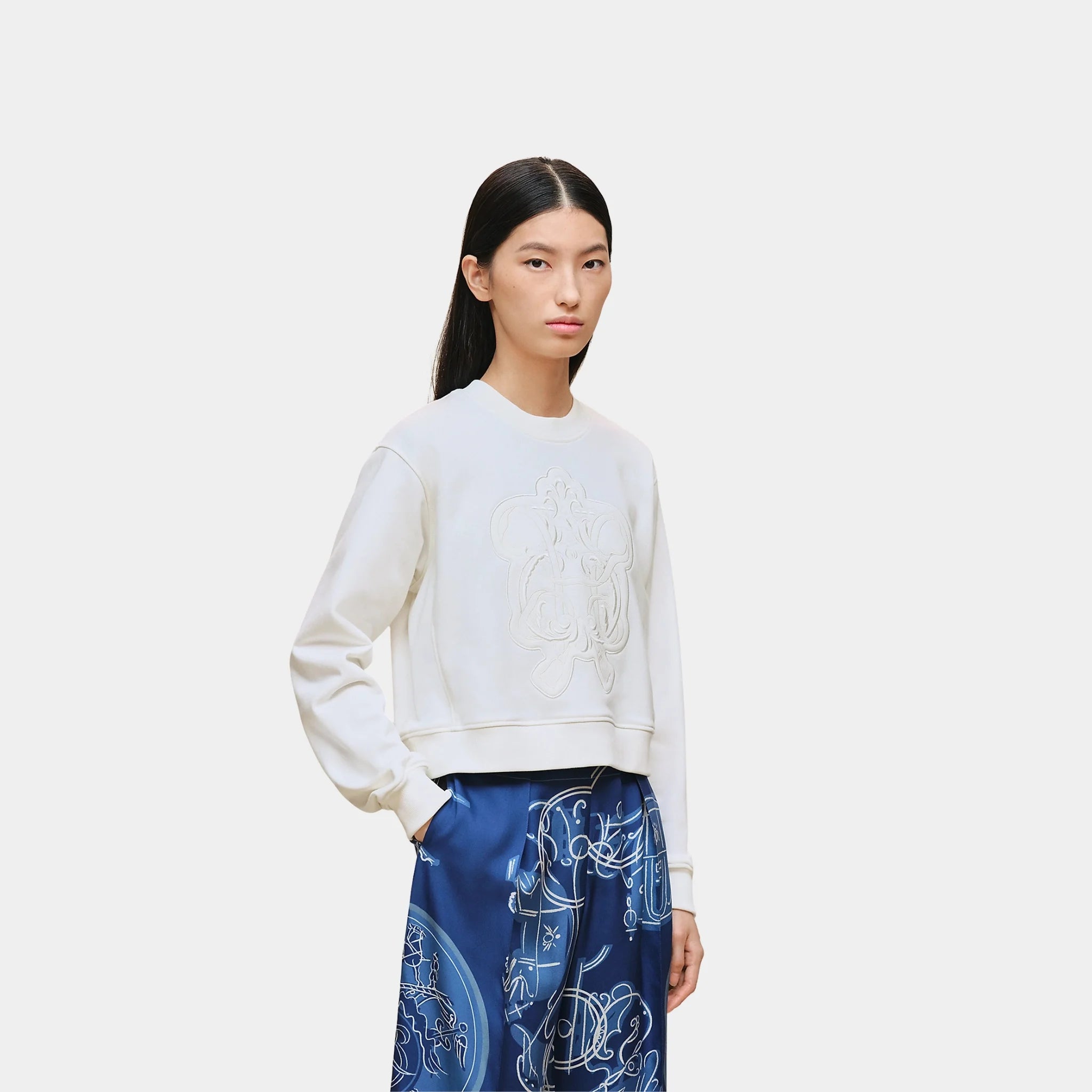 Hermes Sweatshirt with Embroidered Darts in Cotton Duffle and Silk, Blanc Casse, Front