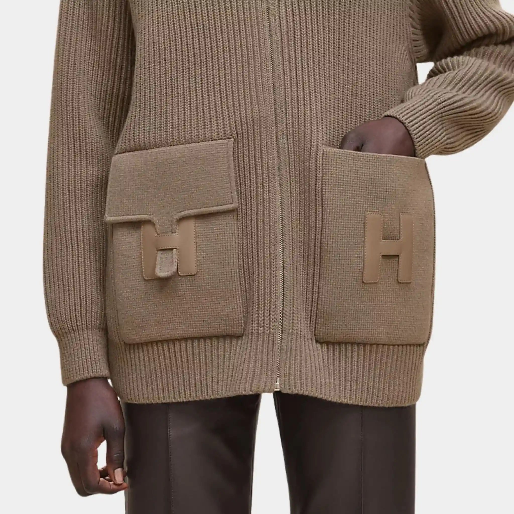 Hermes Wool Knit Jacket, Gris, Etoupe, Model Closeup