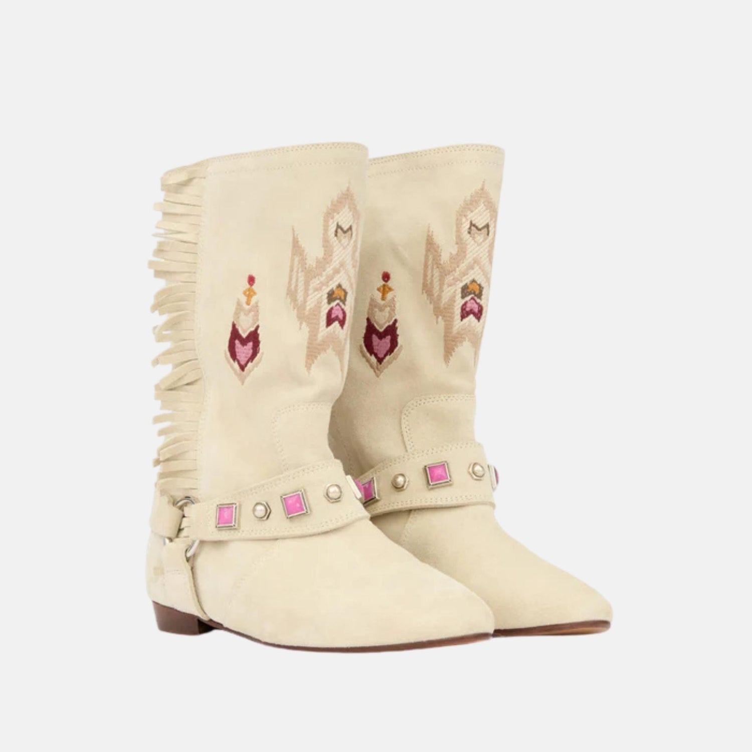 Isabel Marant Siani Flat Boots In Embroidered Suede Calfskin, Chalk, Front