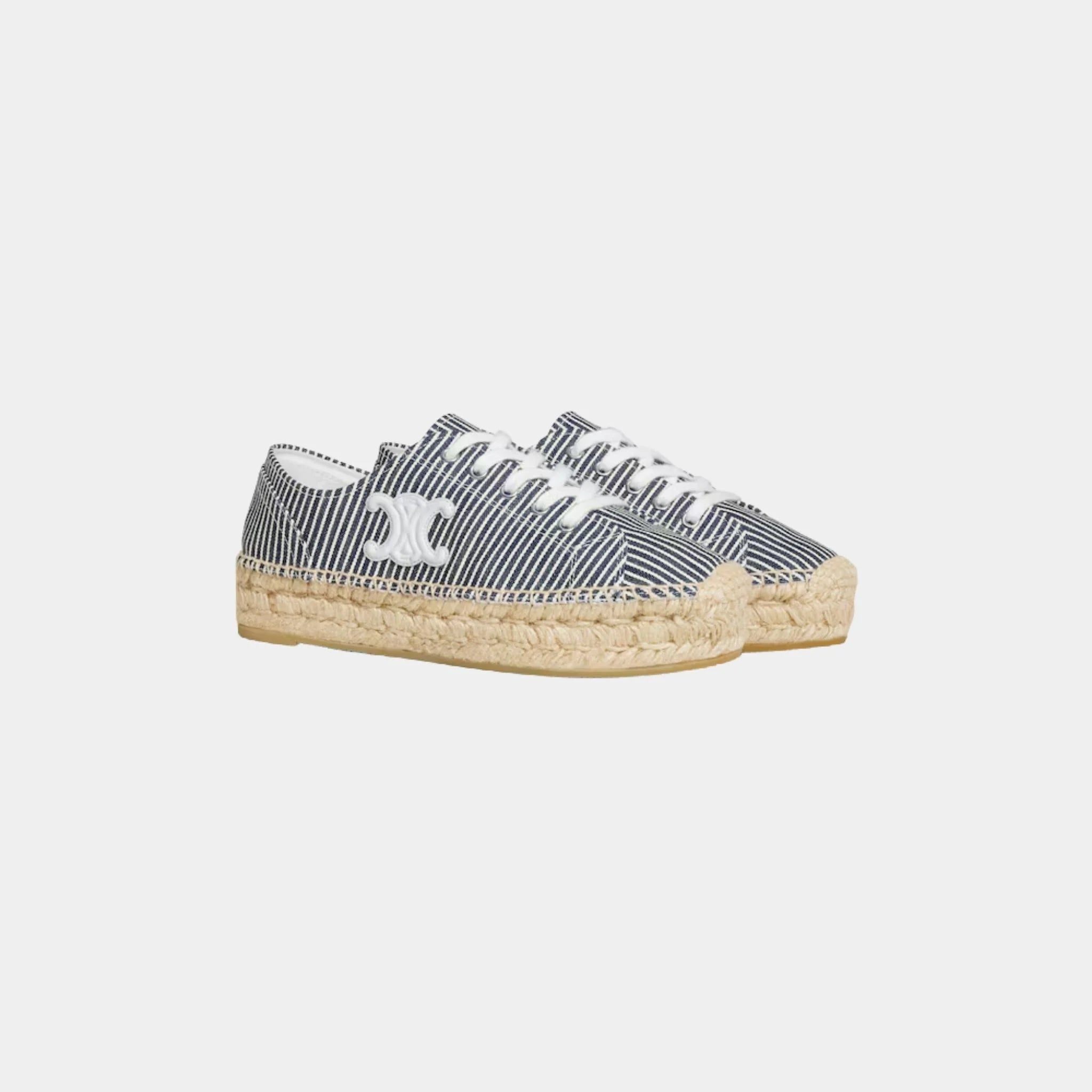 Les Espadrilles Celine Lace-up in Oshkosh Canvas and Calfskin, Off White, Navy, Front