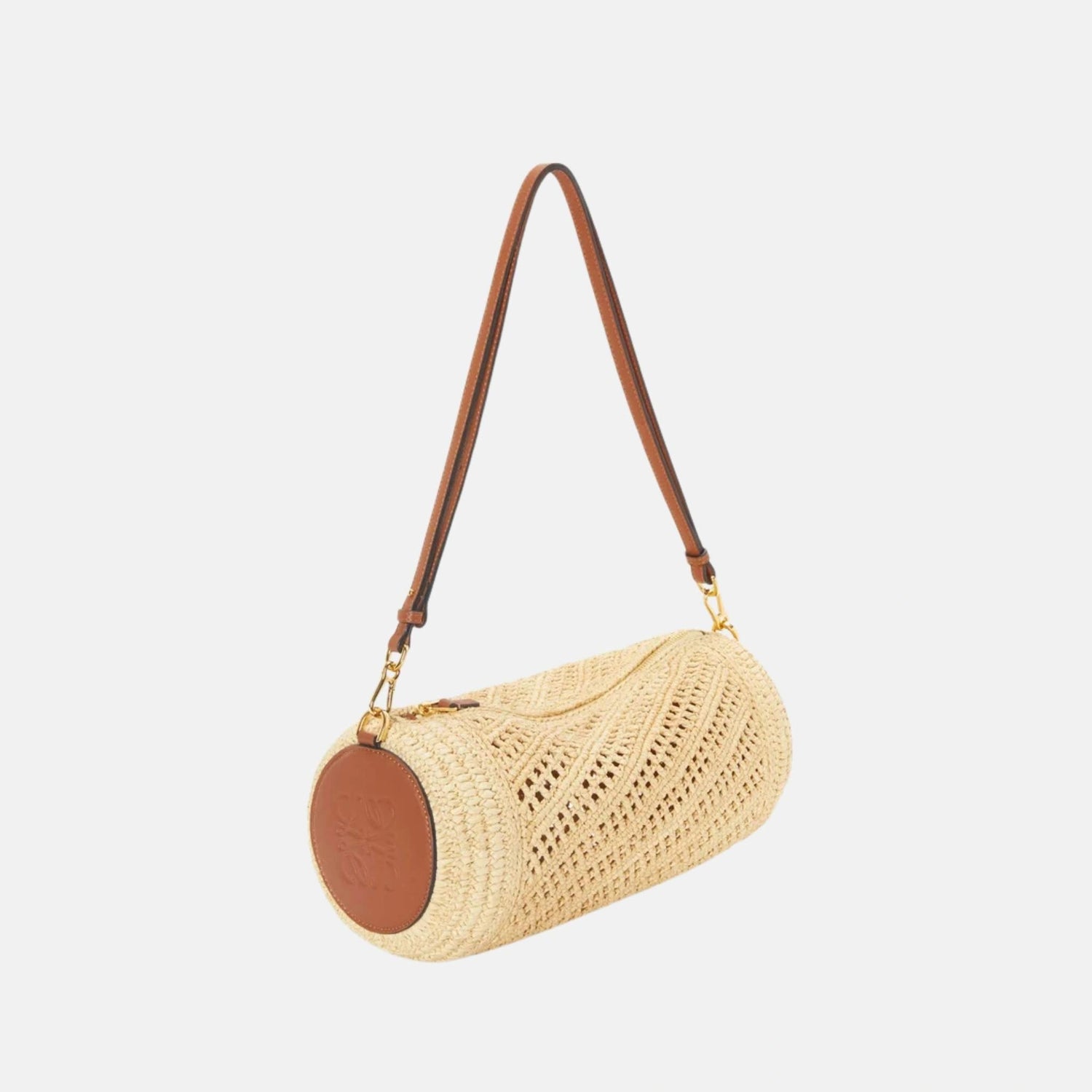 Bracelet Pouch in Raffia and Calfskin, Natural Tan, Front