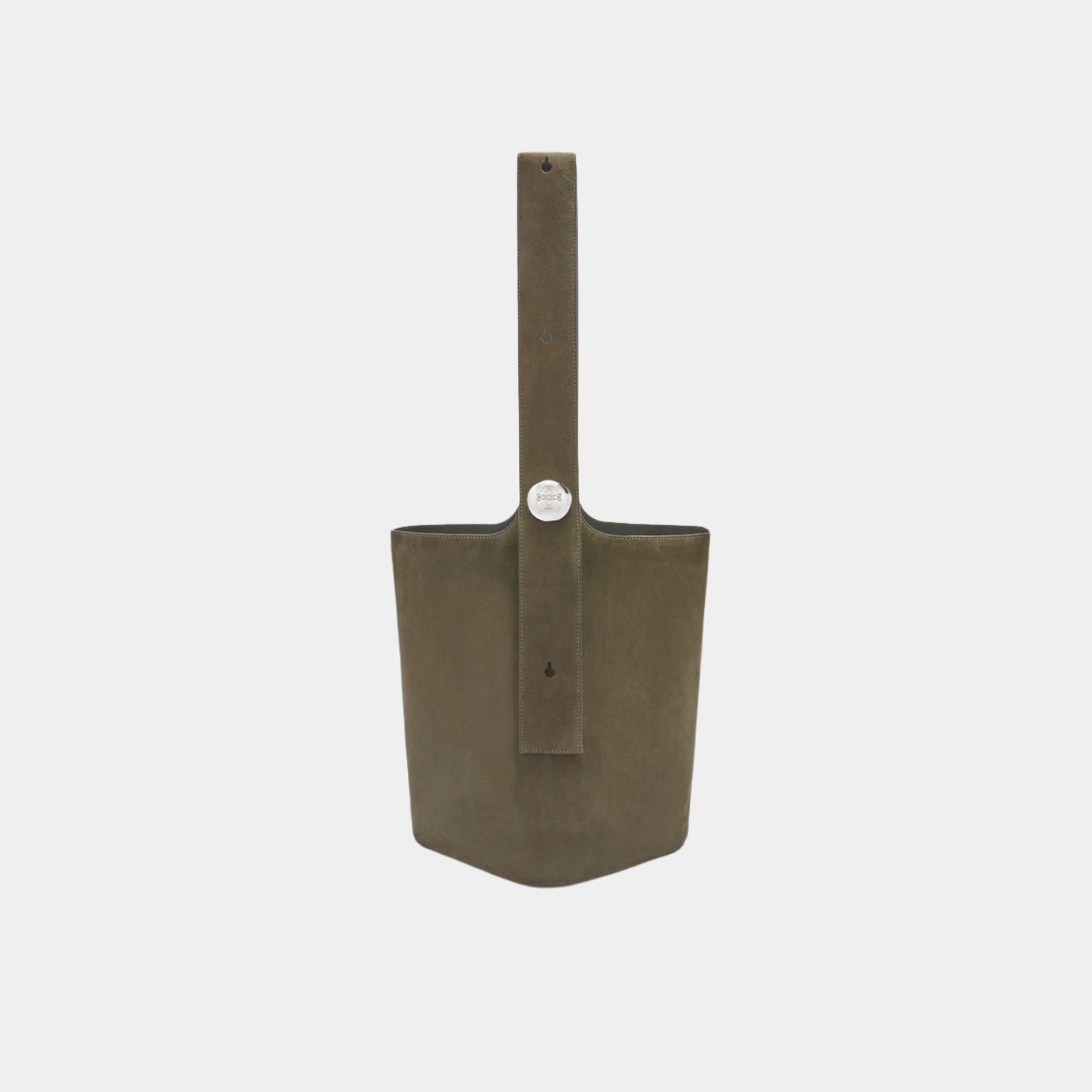 Loewe Large Pebble Bucket Bag In Suede Calfskin, Dark Olive, Front