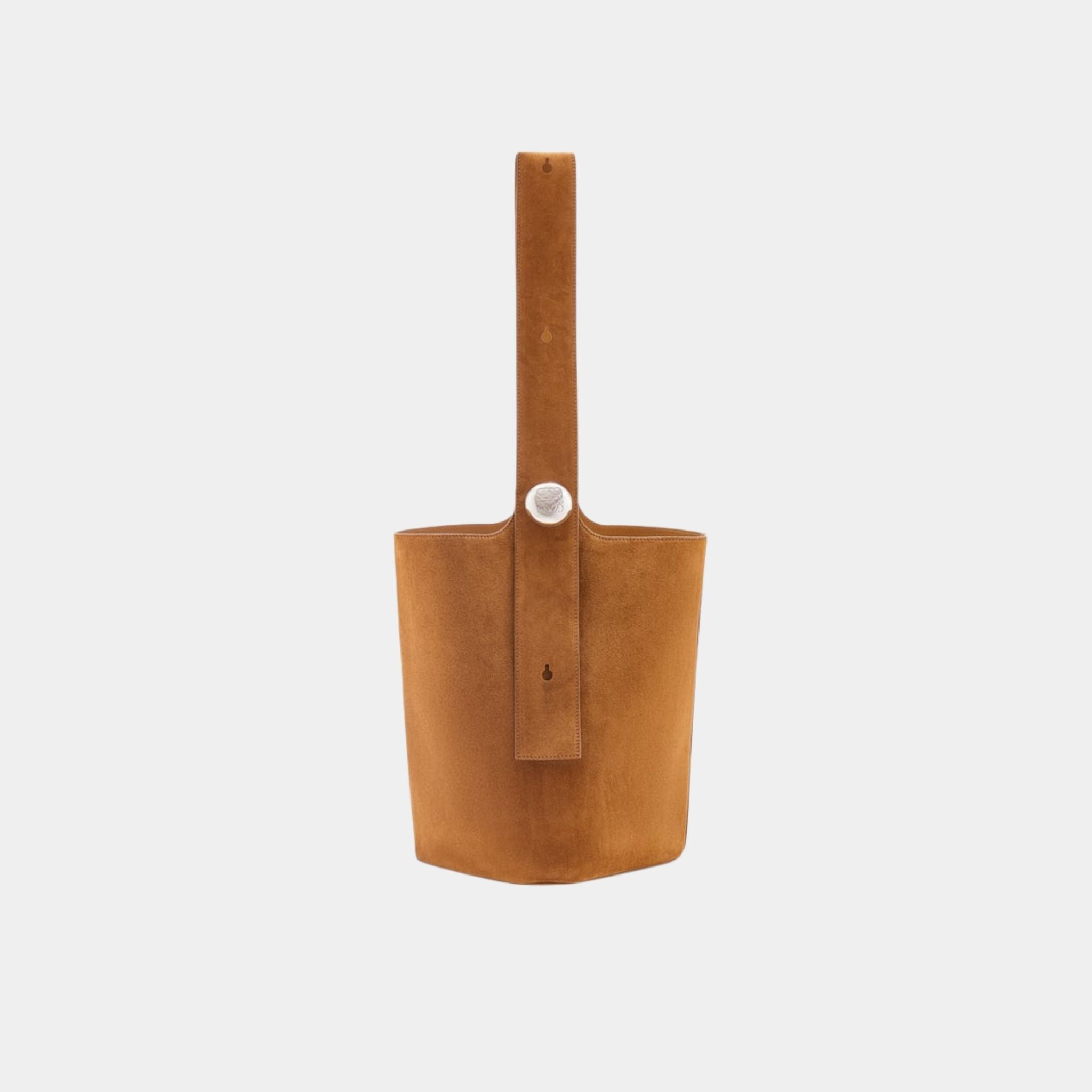 Loewe Large Pebble Bucket Bag In Suede Calfskin, Tobacco, Front