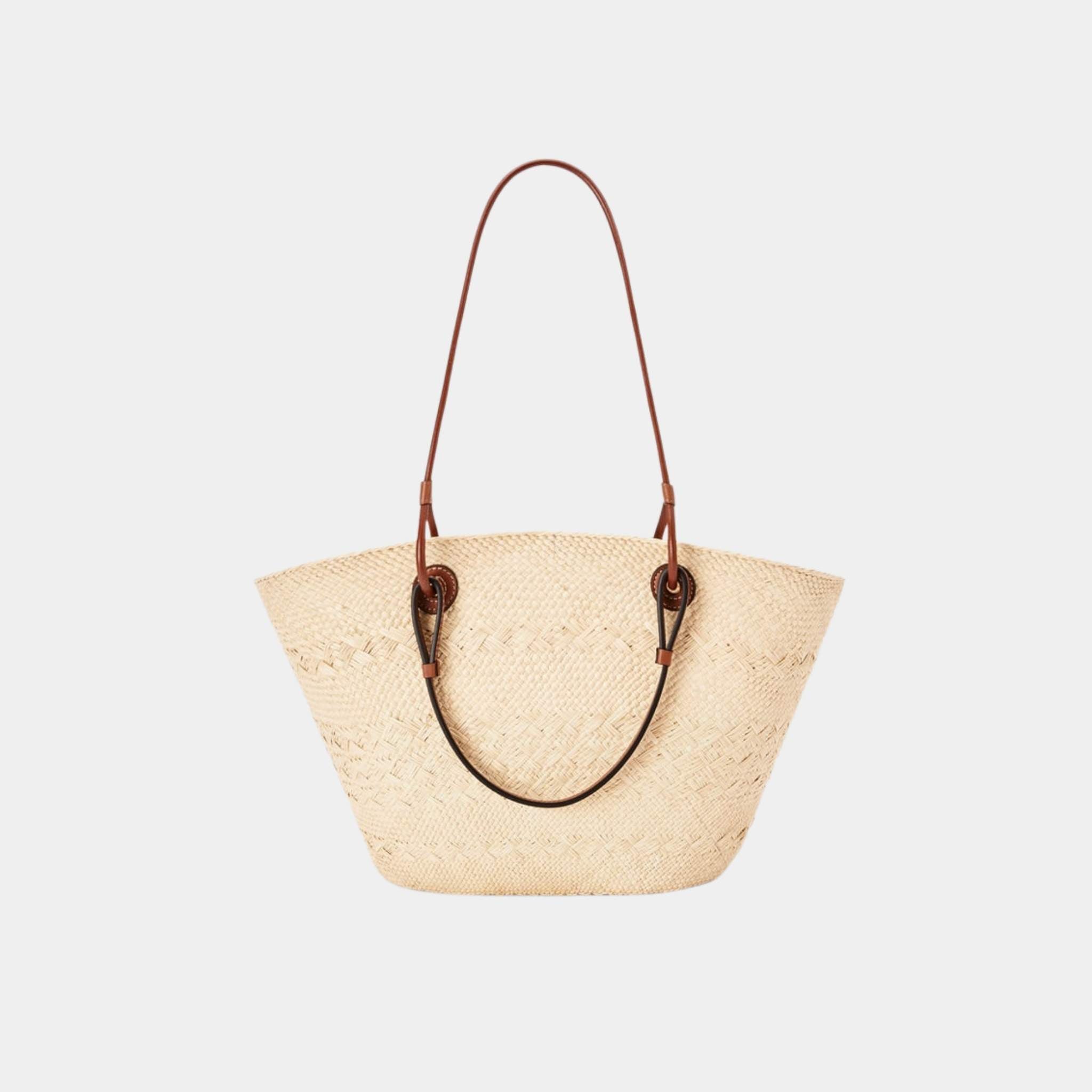 Loewe Medium Anagram Basket Bag In Iraca Palm And Calfskin, Natural, Tan, Back