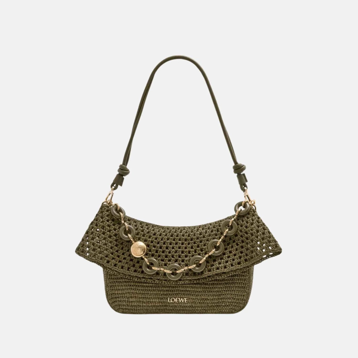 Loewe Medium Ola Bag in Raffia and Calfskin, Dark Khaki, Front