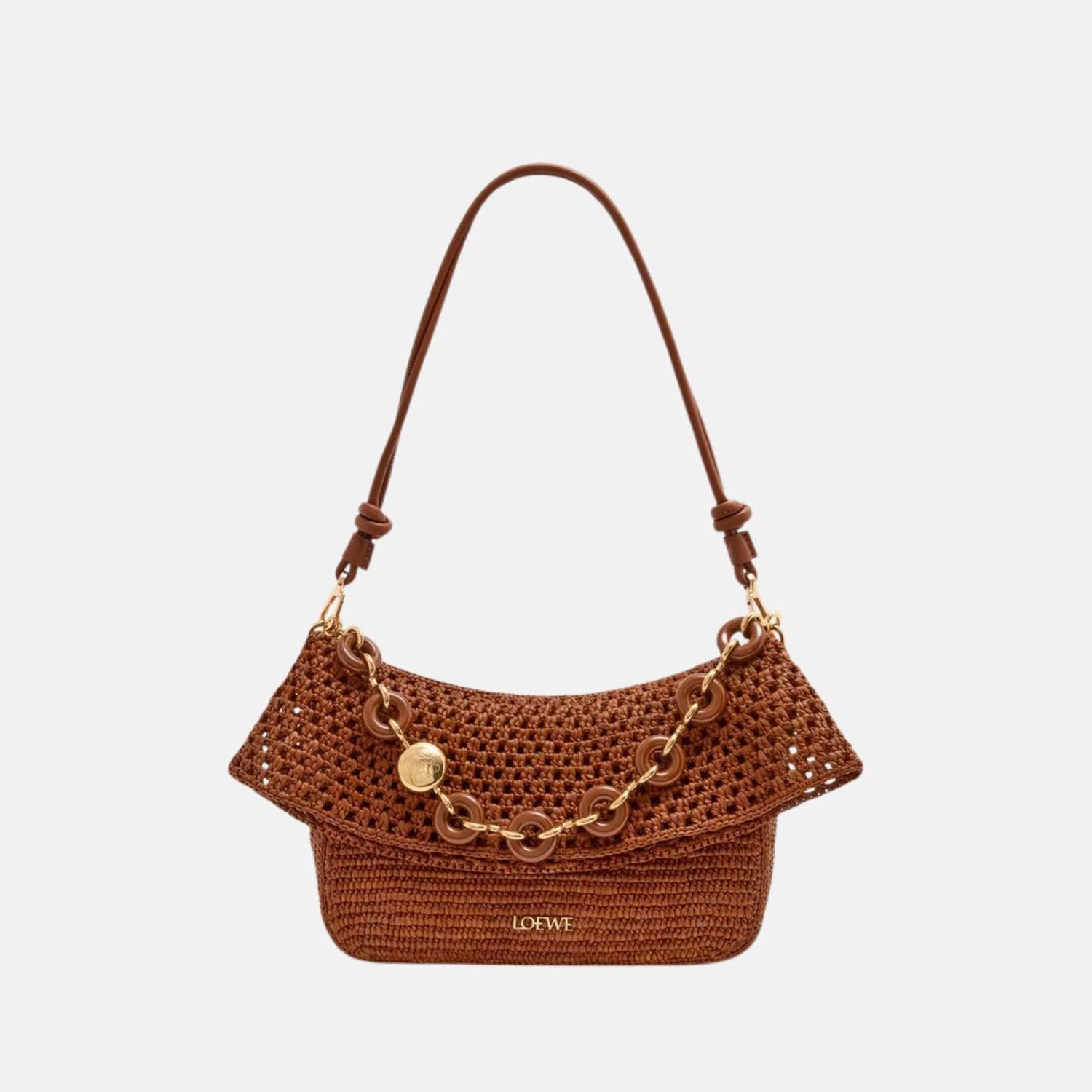 Loewe Medium Ola Bag in Raffia and Calfskin, Honey Gold, Front