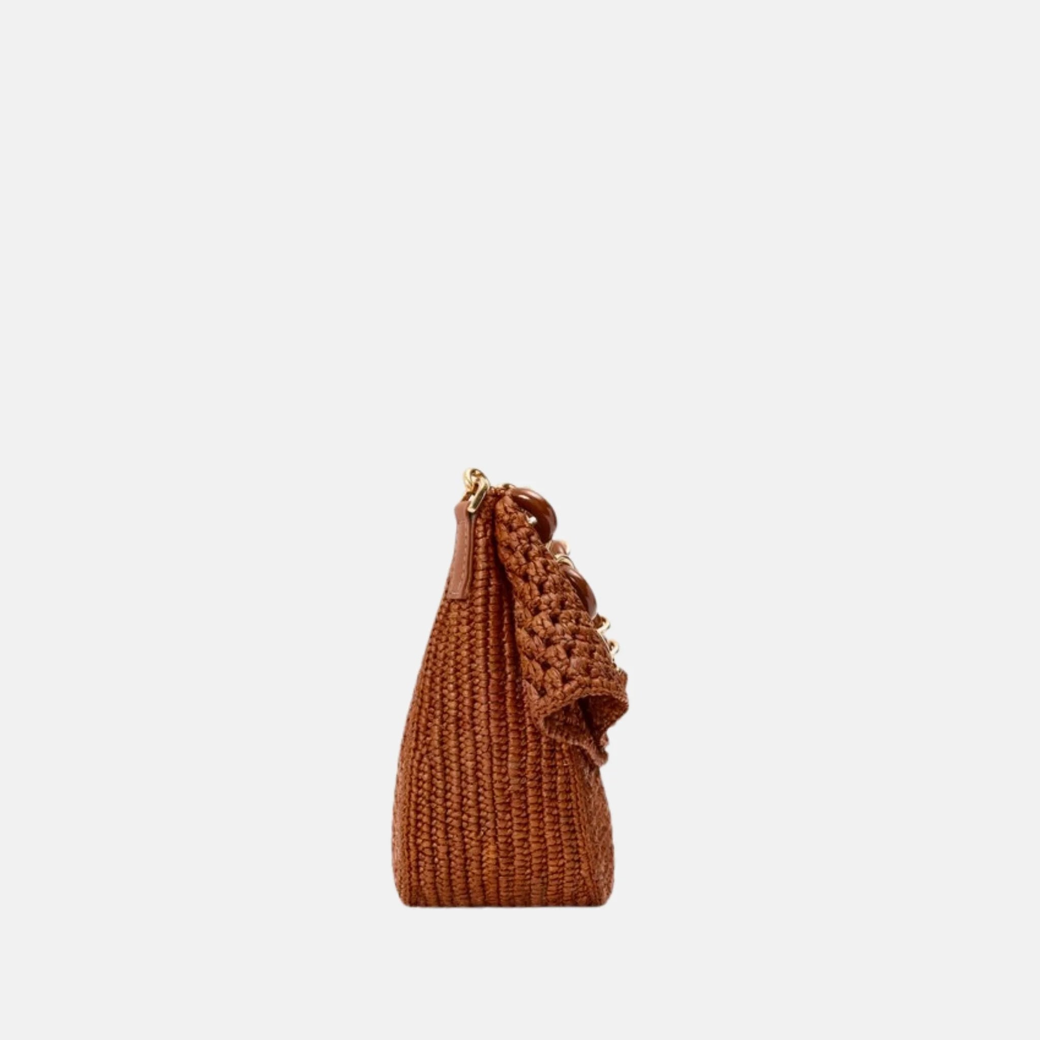 Loewe Medium Ola Bag in Raffia and Calfskin, Honey Gold, Side