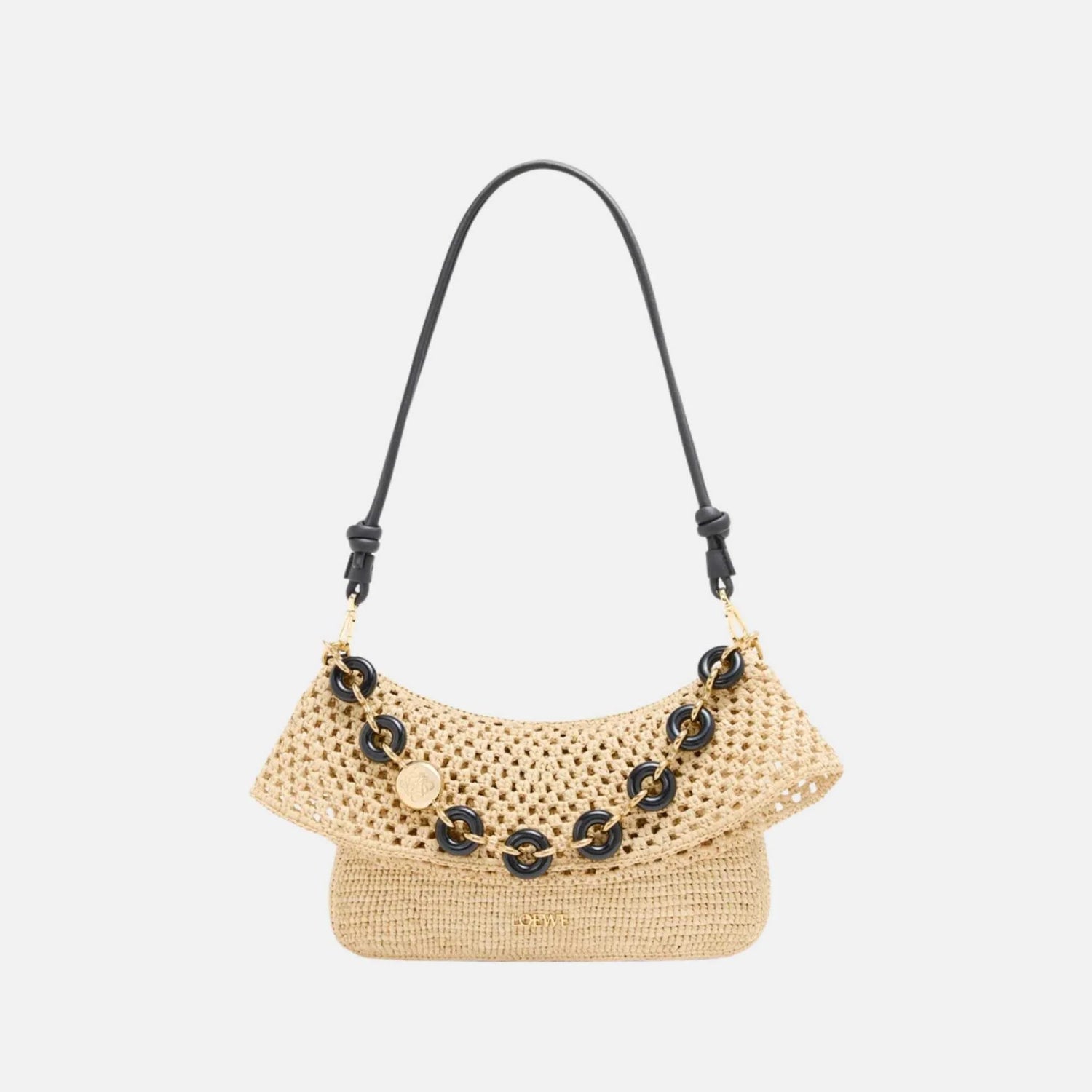 Loewe Medium Ola Bag in Raffia and Calfskin, Natural, Front
