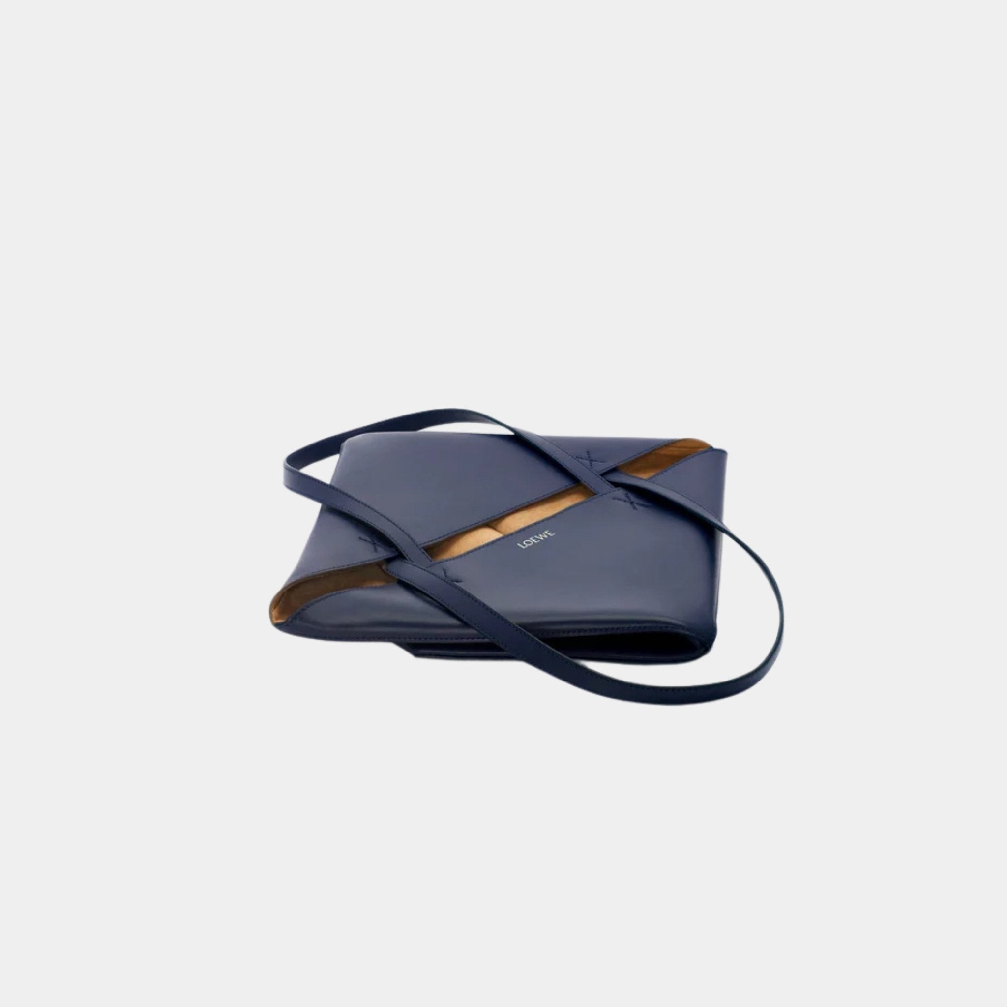 Loewe Medium Puzzle Fold Tote In Shiny Calfskin, Abyss Blue, Flat