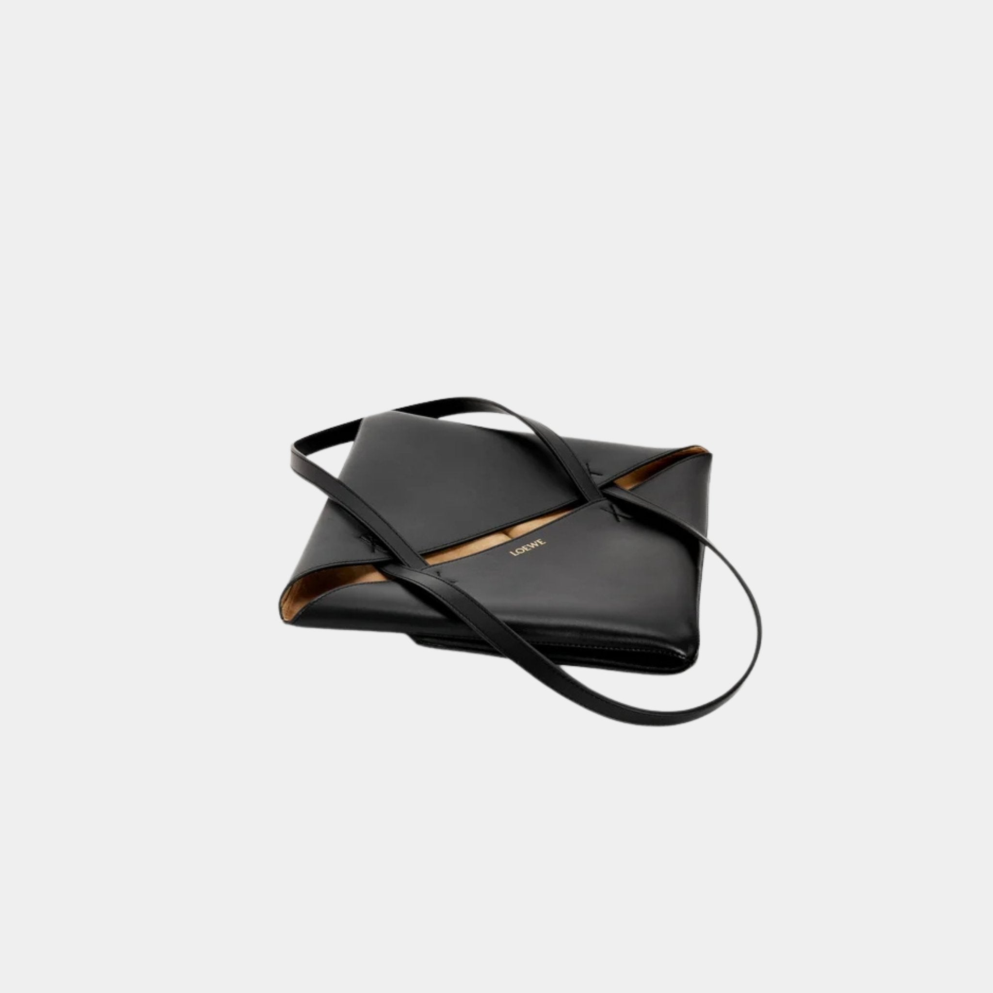 Loewe Medium Puzzle Fold Tote In Shiny Calfskin, Black, Flat